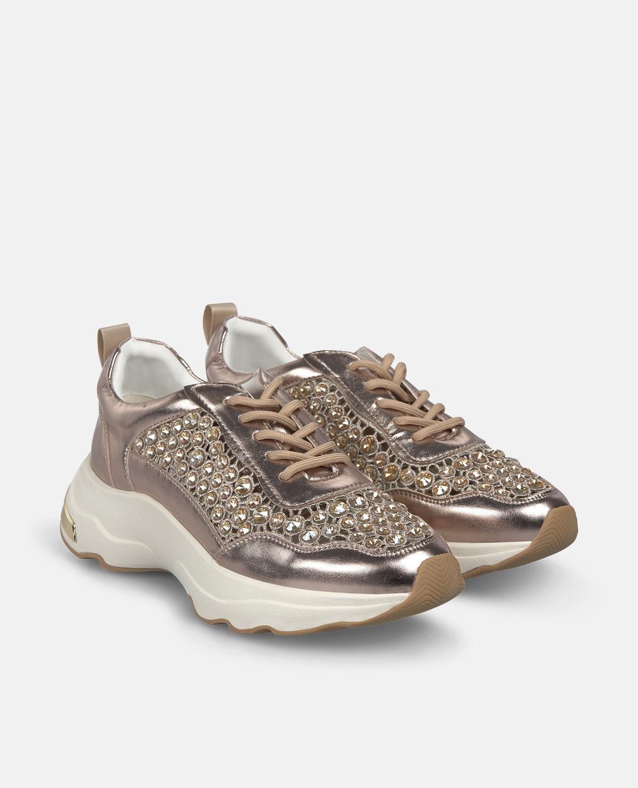 Zapatillas deportivas de mujer de piel efecto metlizado y rejilla de pedrería - Alma en Pena - Oro Oro-3