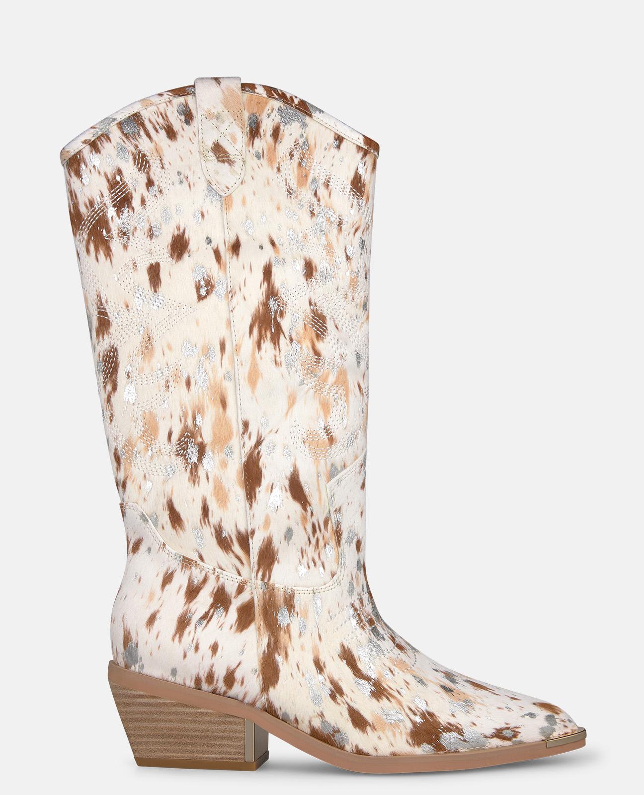 Botas cowboy de mujer en piel efecto fantasia con detalle metálico en el tacón - Beige/Marrón Beige/Marrón-1