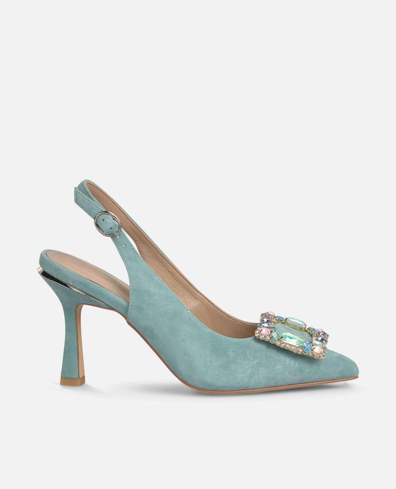 Zapatos de salón de mujer destalonados en piel con detalle joya frontal - Alma en Pena - Azul claro Azul claro-1