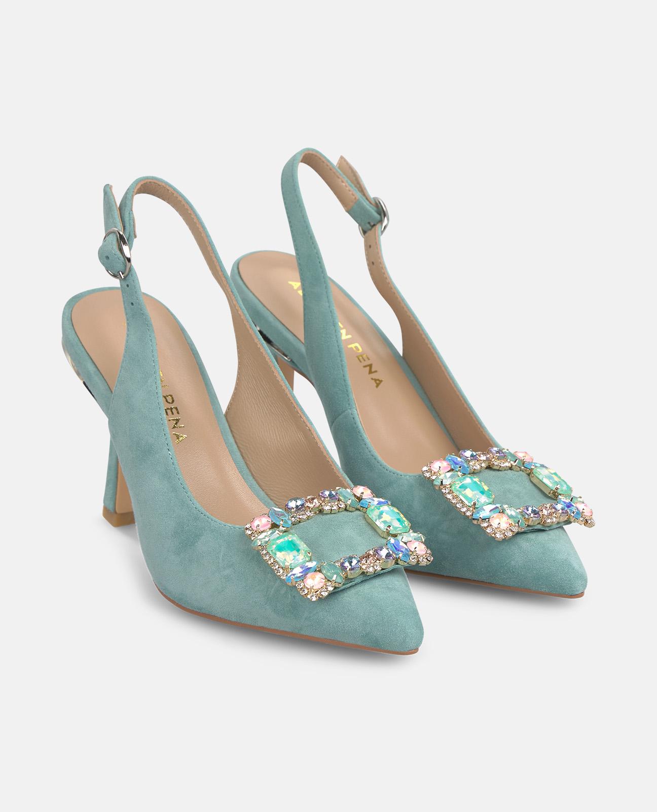 Zapatos de salón de mujer destalonados en piel con detalle joya frontal - Alma en Pena - Azul claro Azul claro-4
