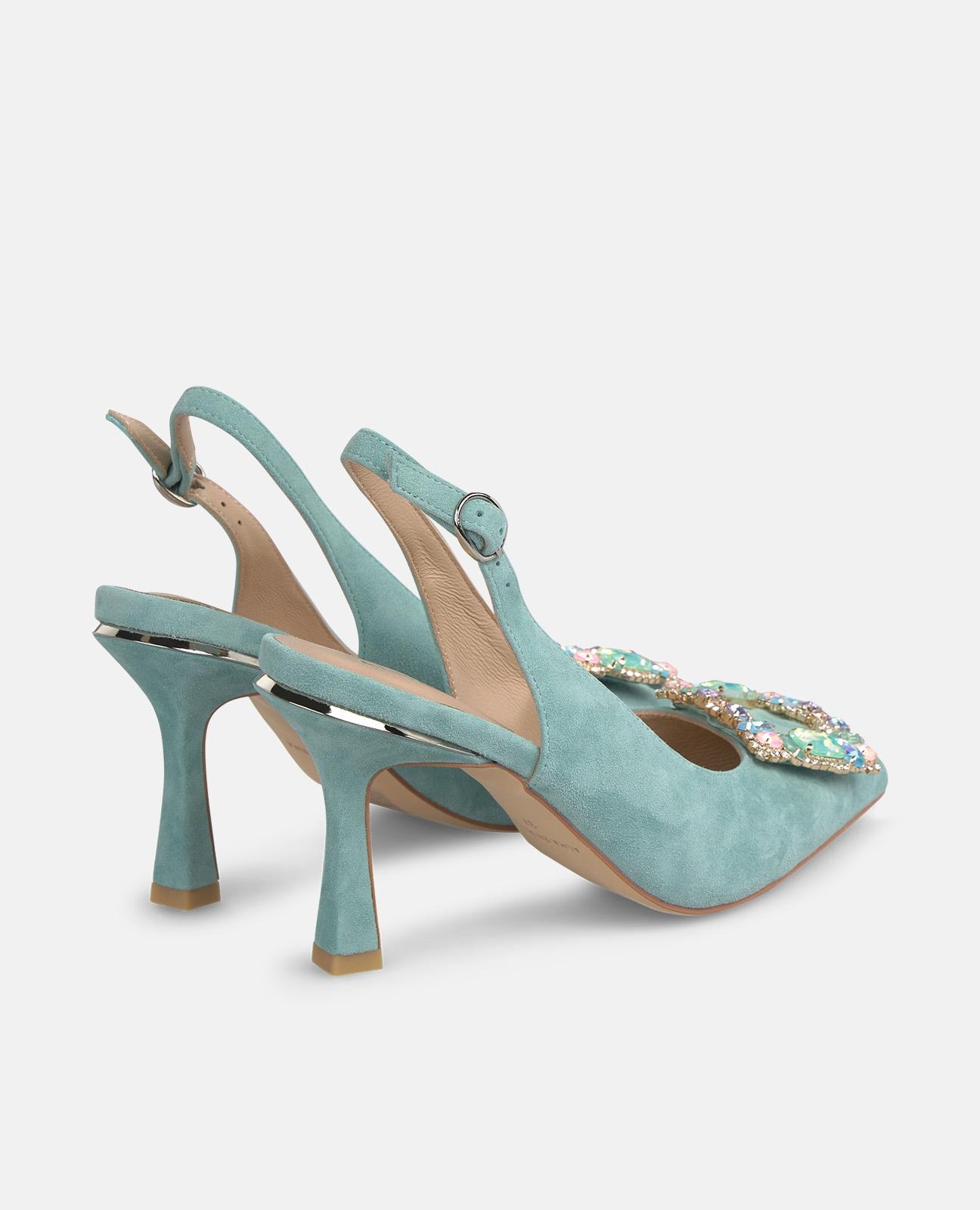 Zapatos de salón de mujer destalonados en piel con detalle joya frontal - Alma en Pena - Azul claro Azul claro-3