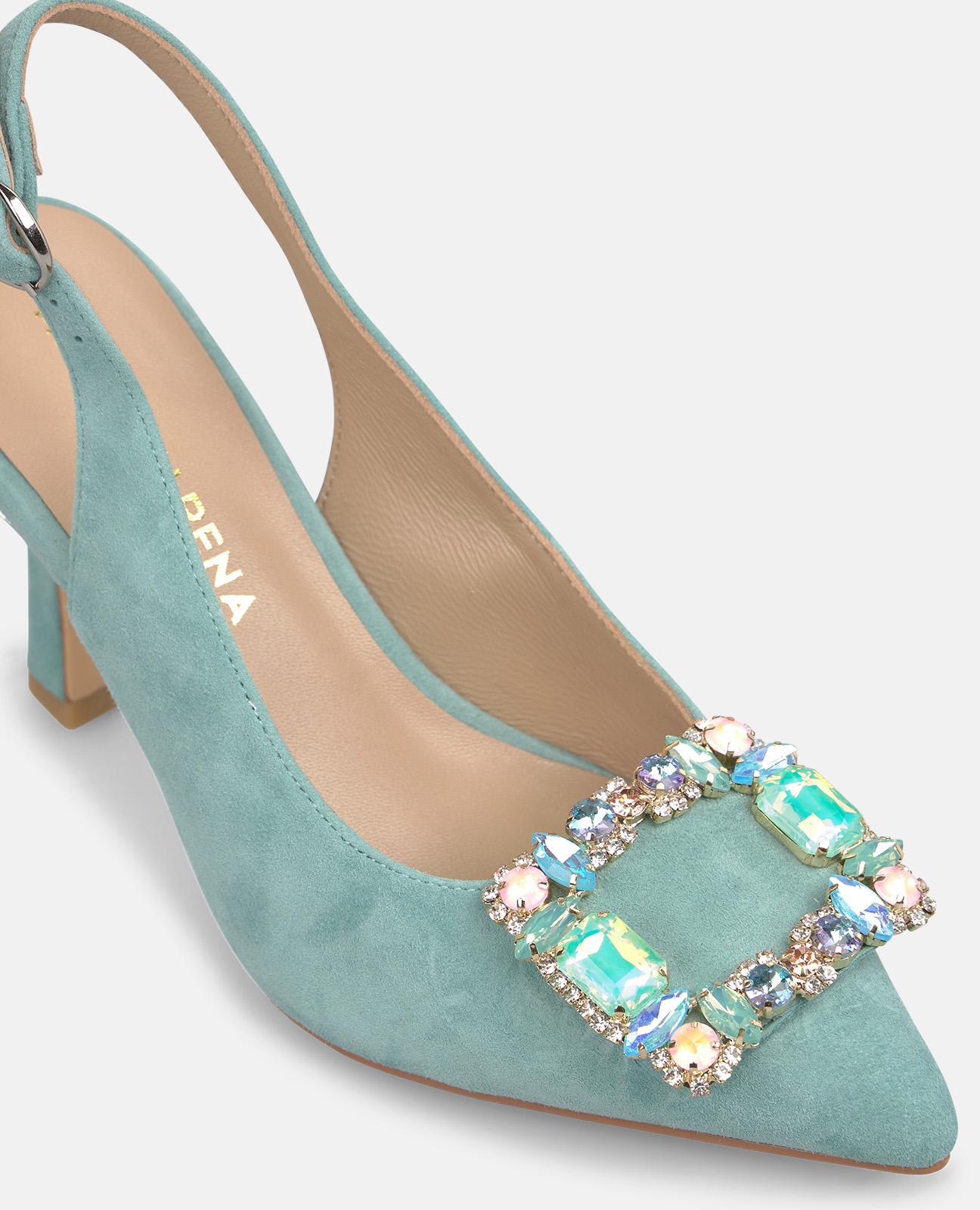 Zapatos de salón de mujer destalonados en piel con detalle joya frontal - Alma en Pena - Azul claro Azul claro-5