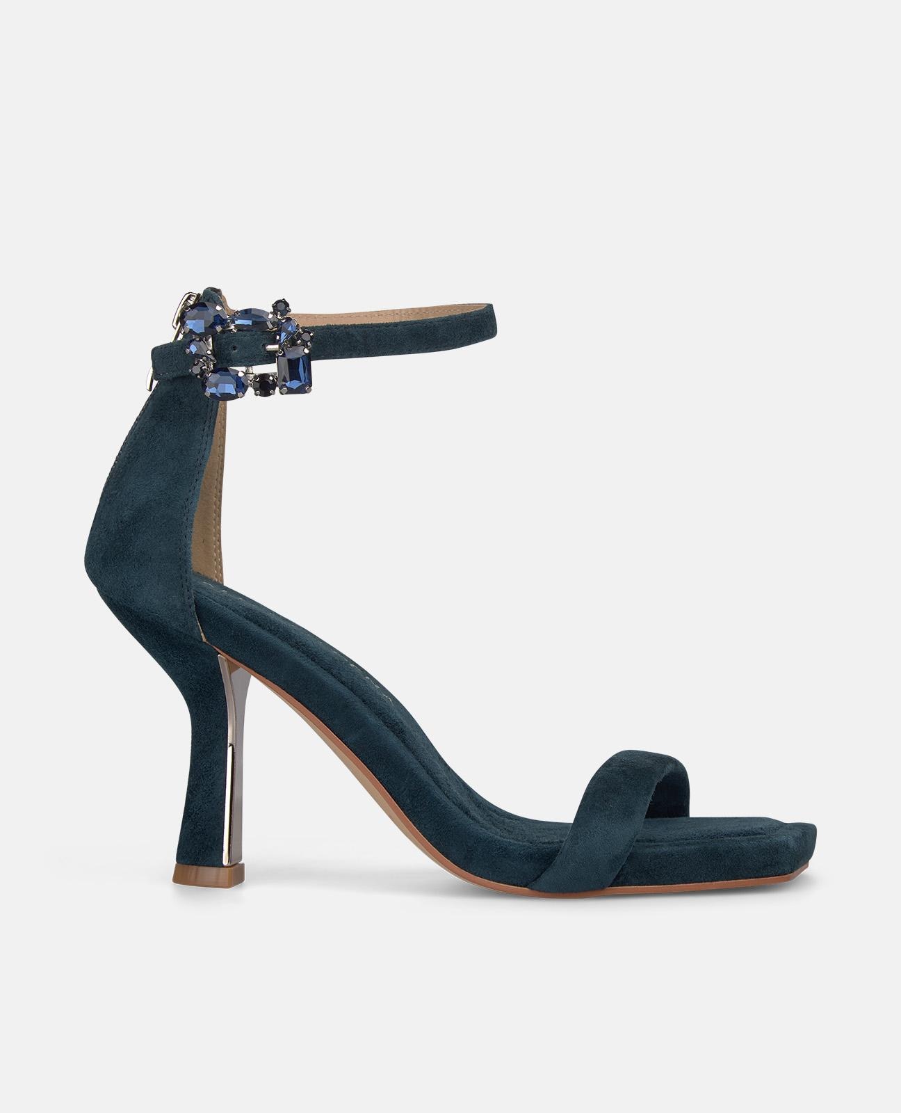 Sandalias de tacón de mujer en piel con tira delantera y cierre de hebilla con detalles tipo joya - Alma en Pena - Azul marino Azul marino-1