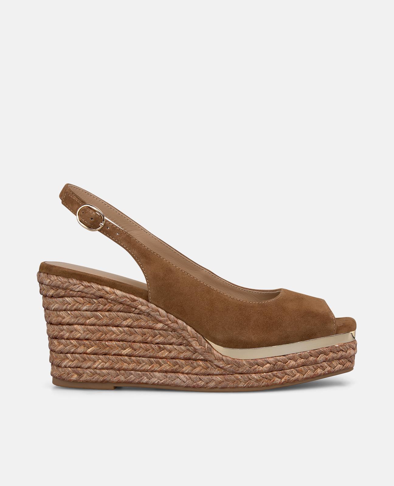 Sandalias de cuña de mujer de esparto con tira trasera con hebilla metalica ajustable - Caramelo Caramelo-1