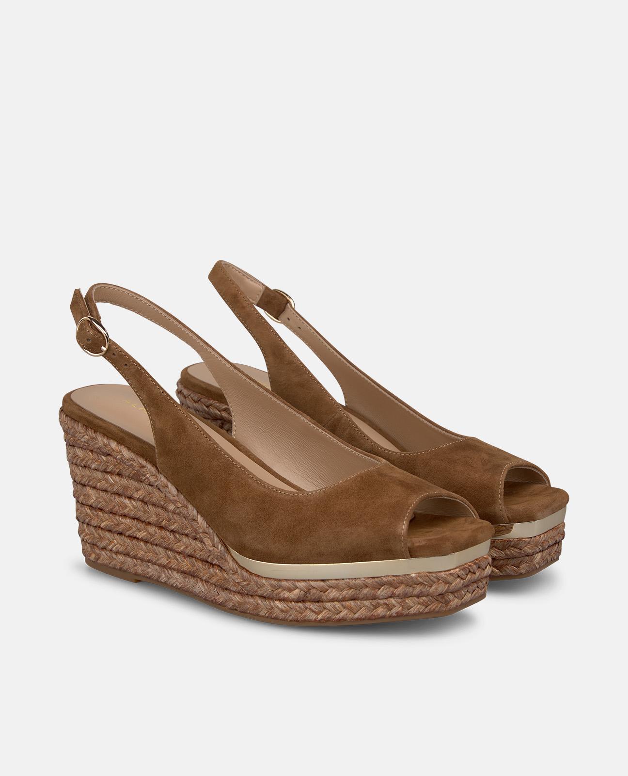 Sandalias de cuña de mujer de esparto con tira trasera con hebilla metalica ajustable - Caramelo Caramelo-4
