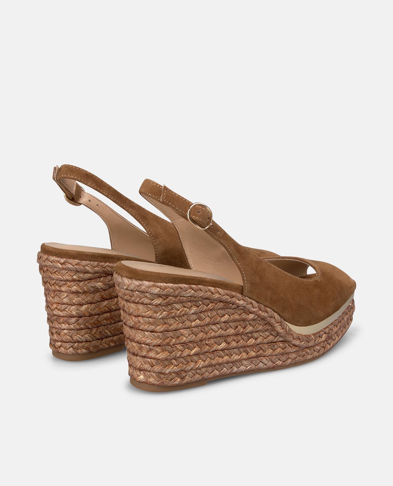 Sandalias de cuña de mujer de esparto con tira trasera con hebilla metalica ajustable - Caramelo Caramelo-3