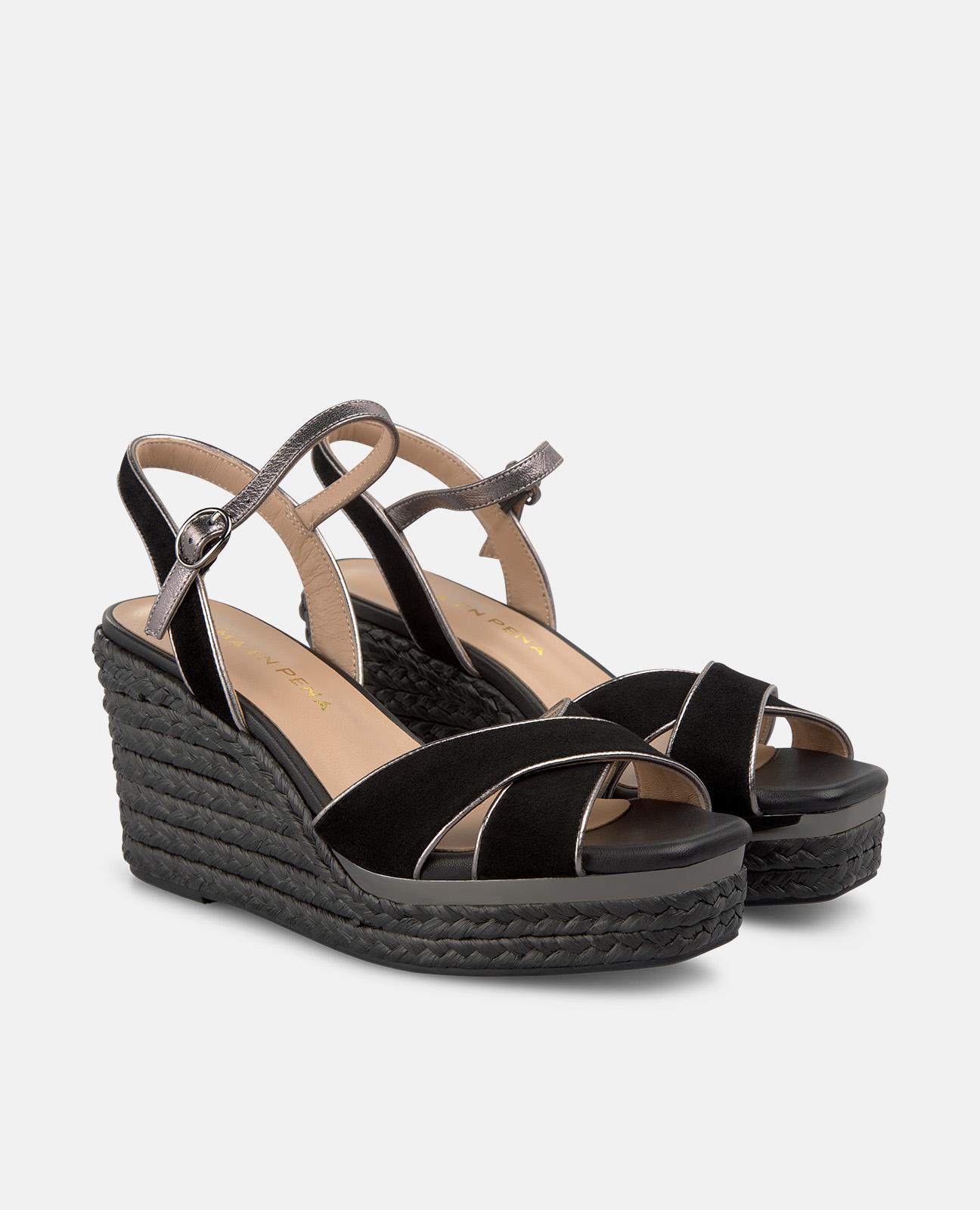 Imagen 4 de Sandalias de cuña de mujer de esparto con doble tira en la parte frontal - Alma en Pena - Negro Negro