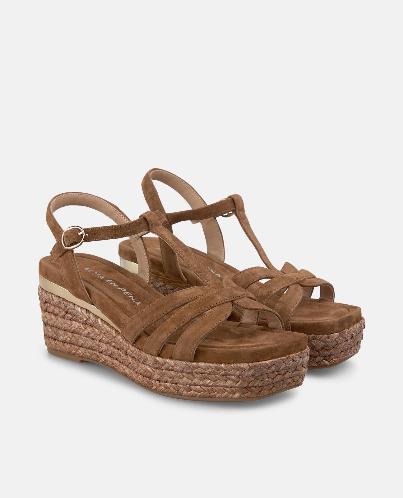 Sandalias de cuña de mujer con tira trasera a la pulsera del tobillo con cierre mediante hebilla - Alma en Pena - Caramelo Caramelo-4