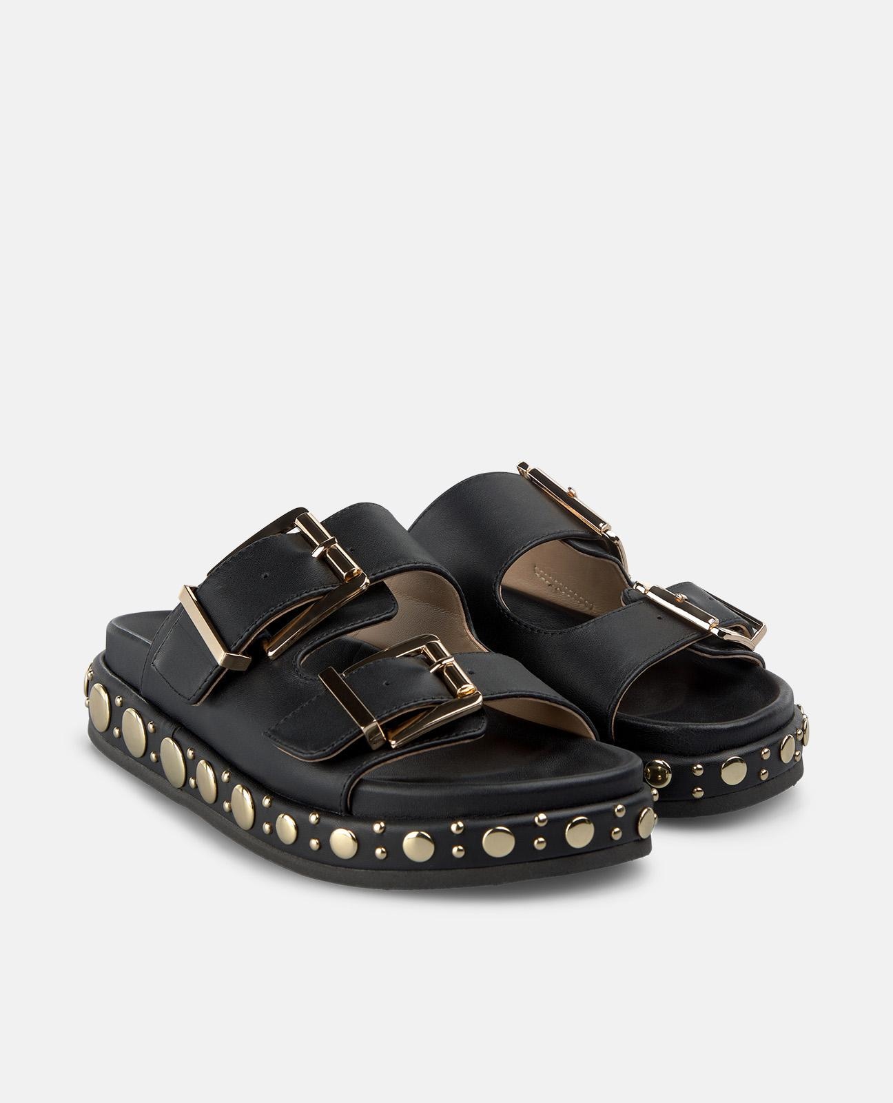 Sandalias planas de mujer en napa con tiras anchas con hebilla y tachuelas en la plataforma - Alma en Pena - Negro Negro-4