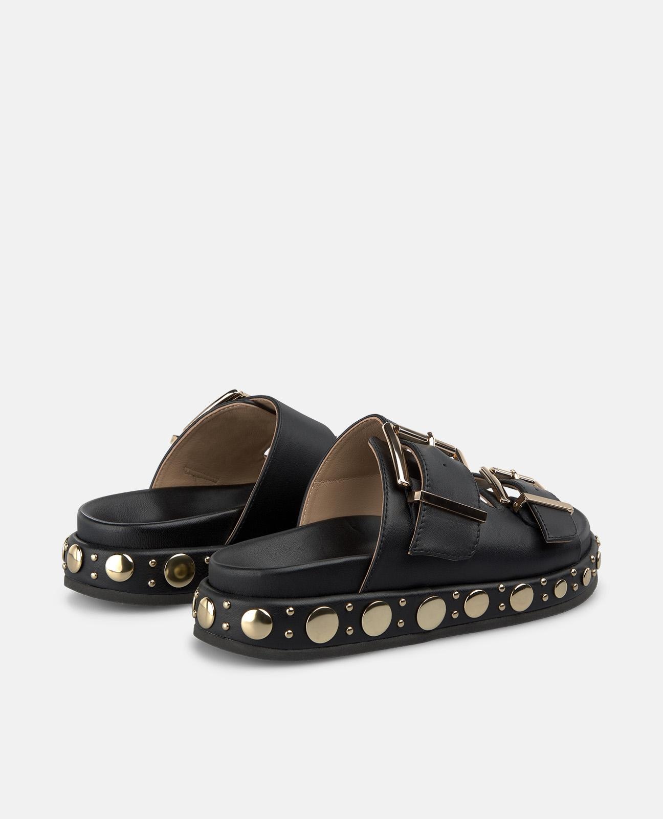 Sandalias planas de mujer en napa con tiras anchas con hebilla y tachuelas en la plataforma - Alma en Pena - Negro Negro-3
