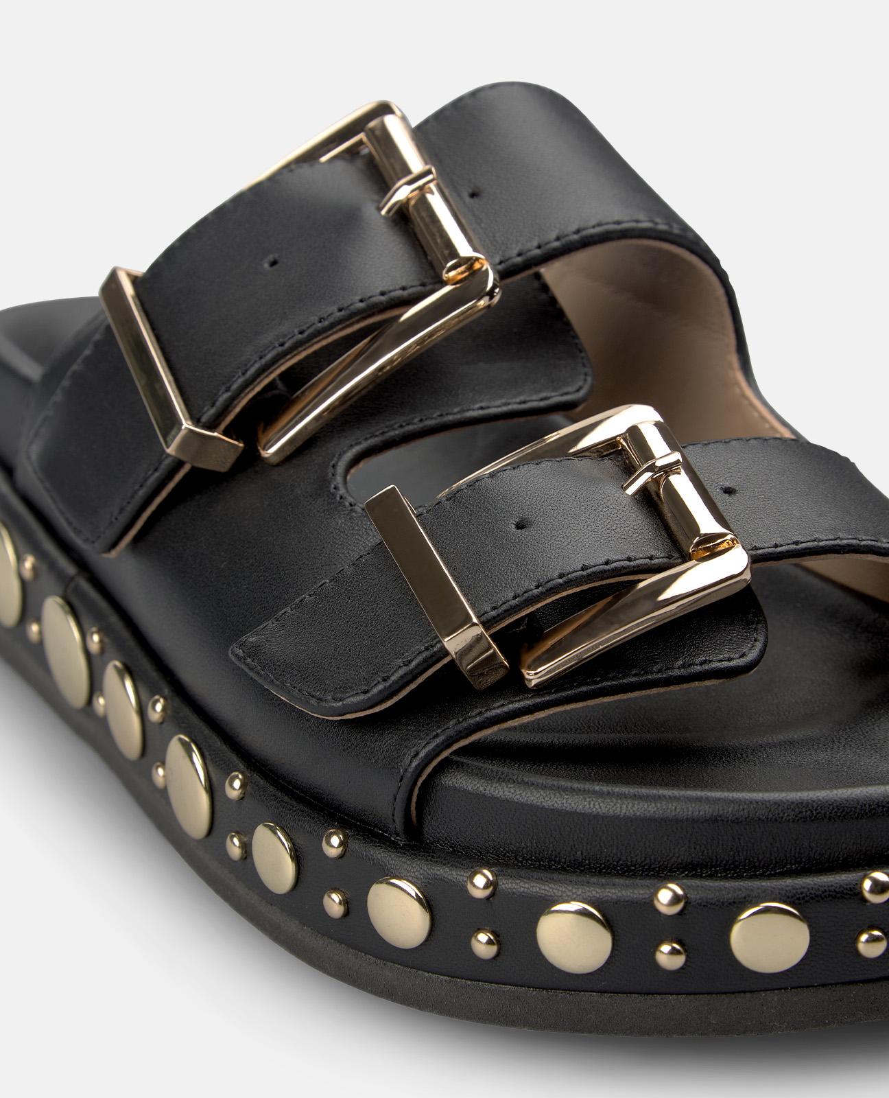 Sandalias planas de mujer en napa con tiras anchas con hebilla y tachuelas en la plataforma - Alma en Pena - Negro Negro-5