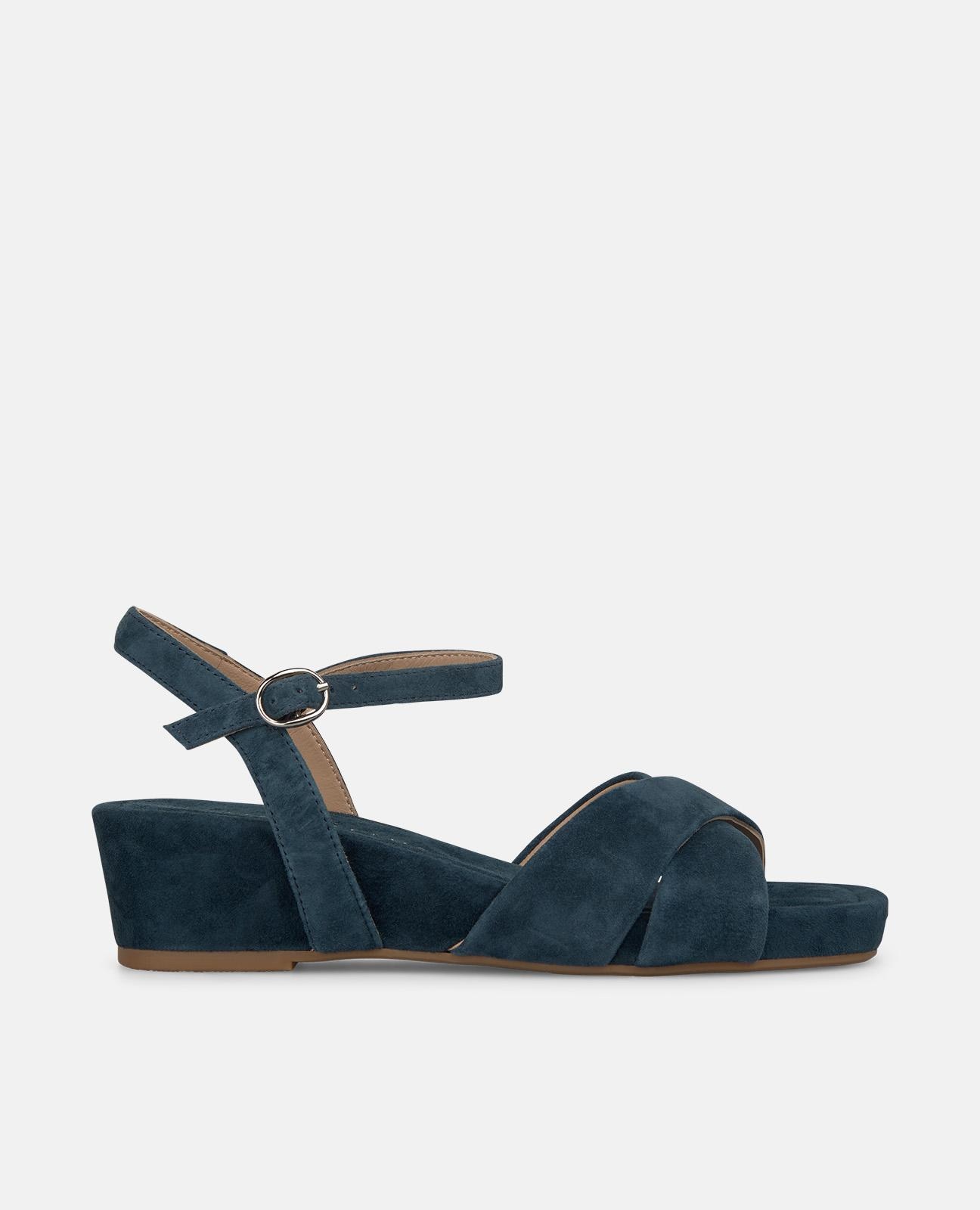 Sandalias de cuña de mujer en piel con doble tira frontal cruzada - Azul marino Azul marino-1