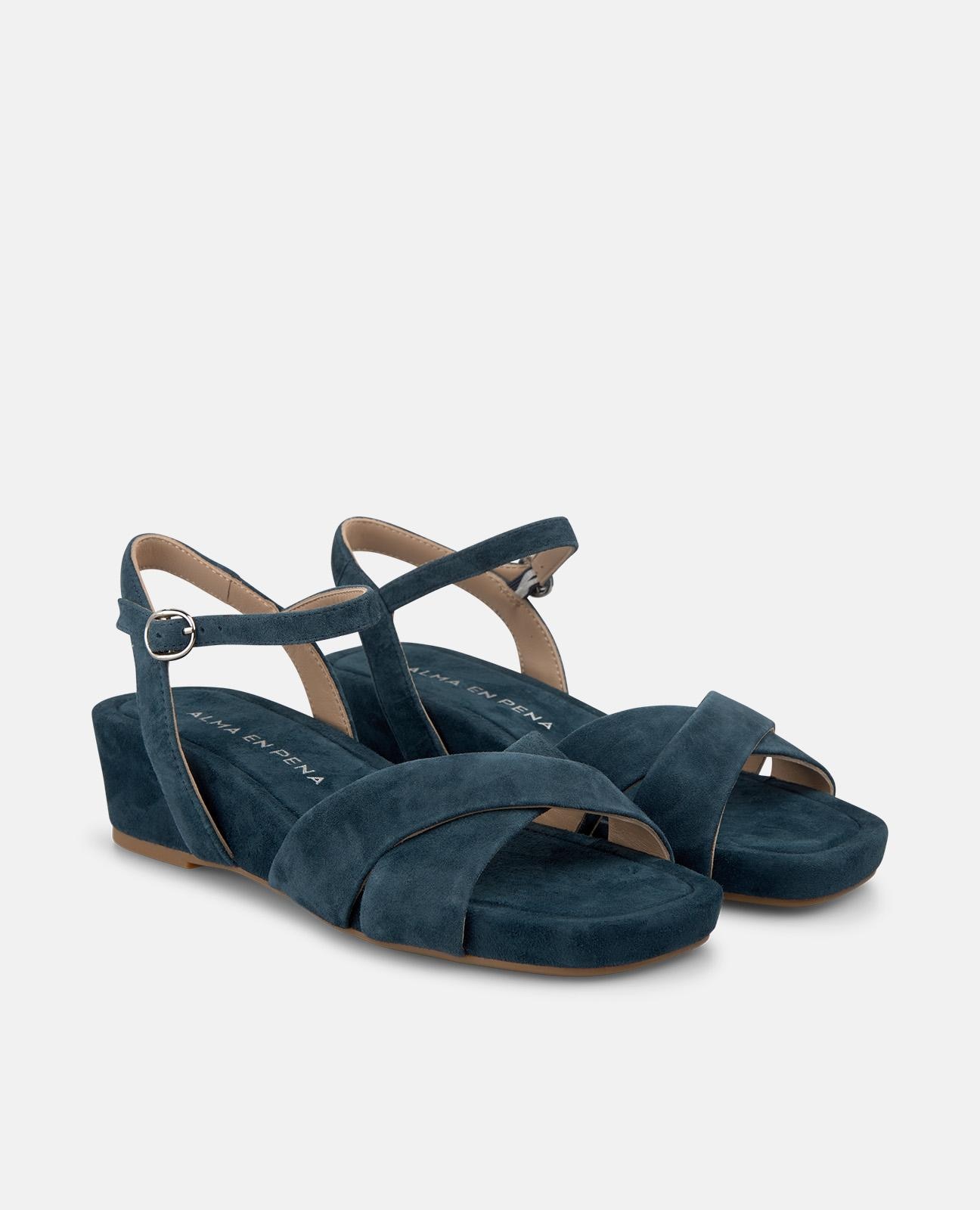 Sandalias de cuña de mujer en piel con doble tira frontal cruzada - Azul marino Azul marino-4