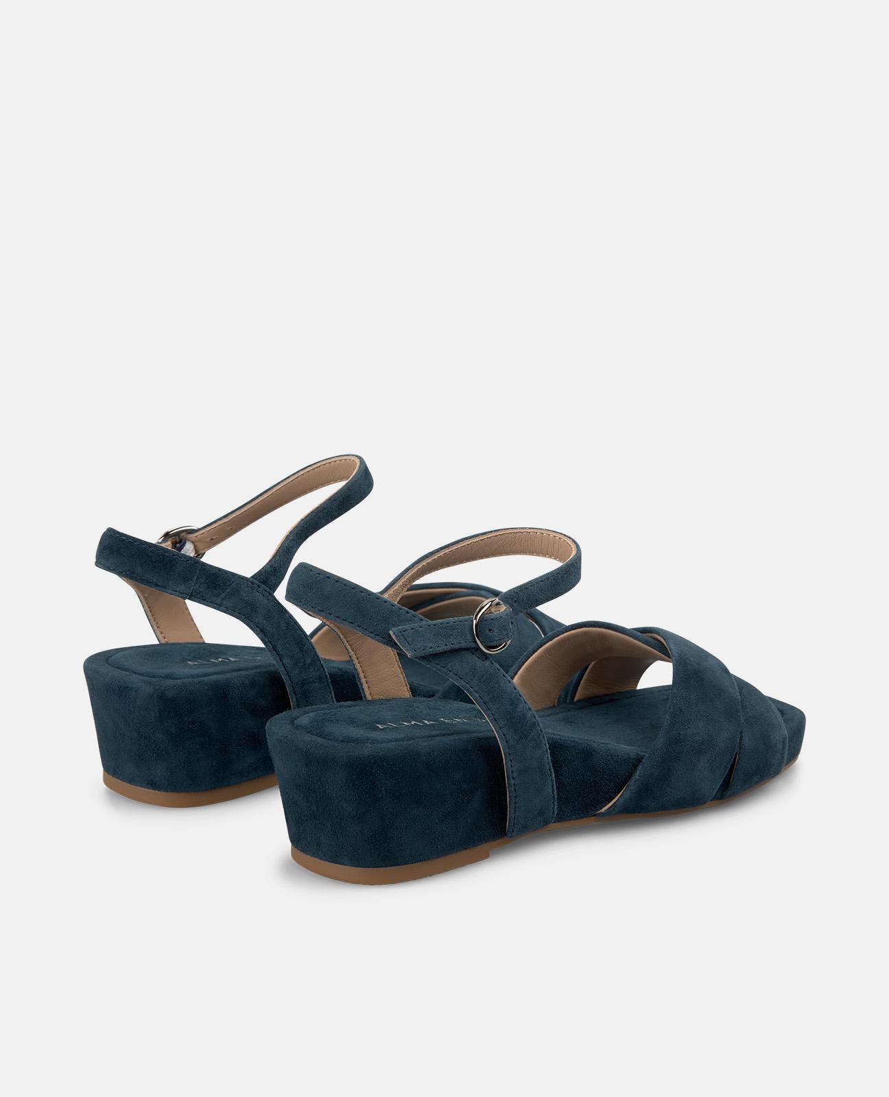 Sandalias de cuña de mujer en piel con doble tira frontal cruzada - Azul marino Azul marino-3