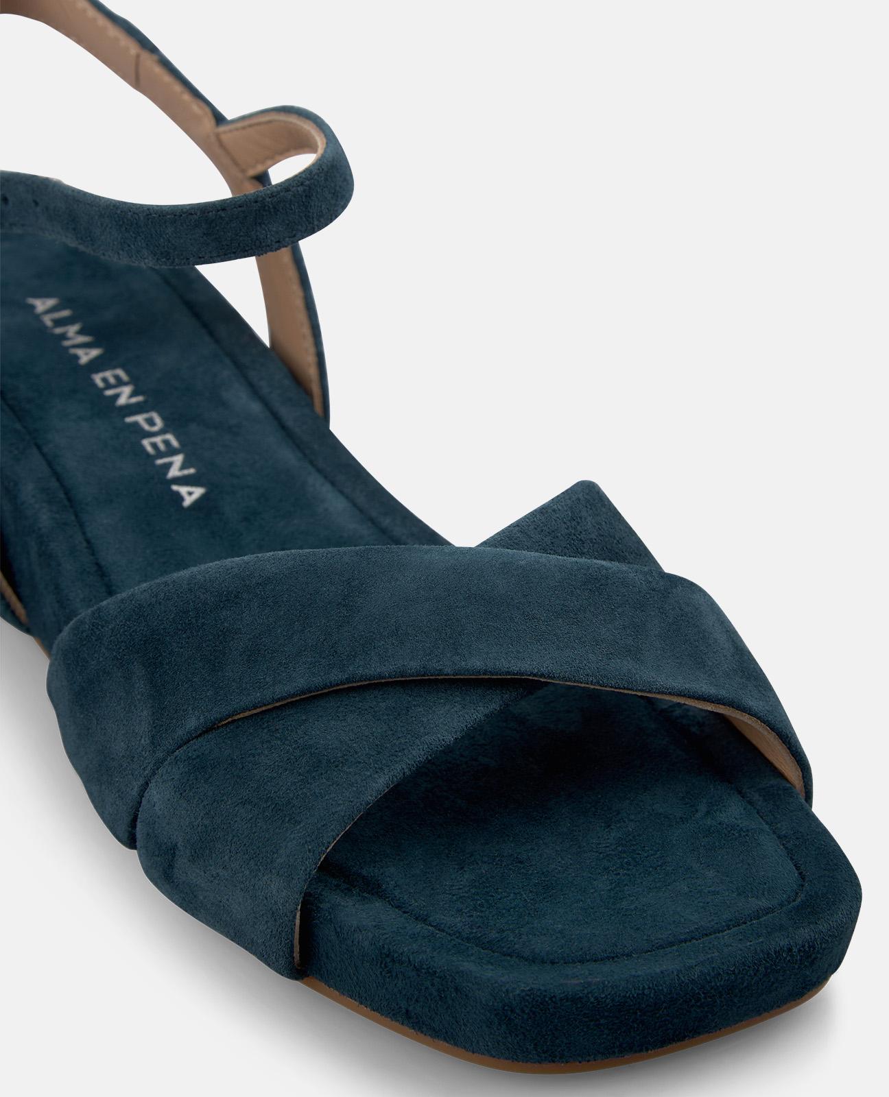 Sandalias de cuña de mujer en piel con doble tira frontal cruzada - Azul marino Azul marino-5