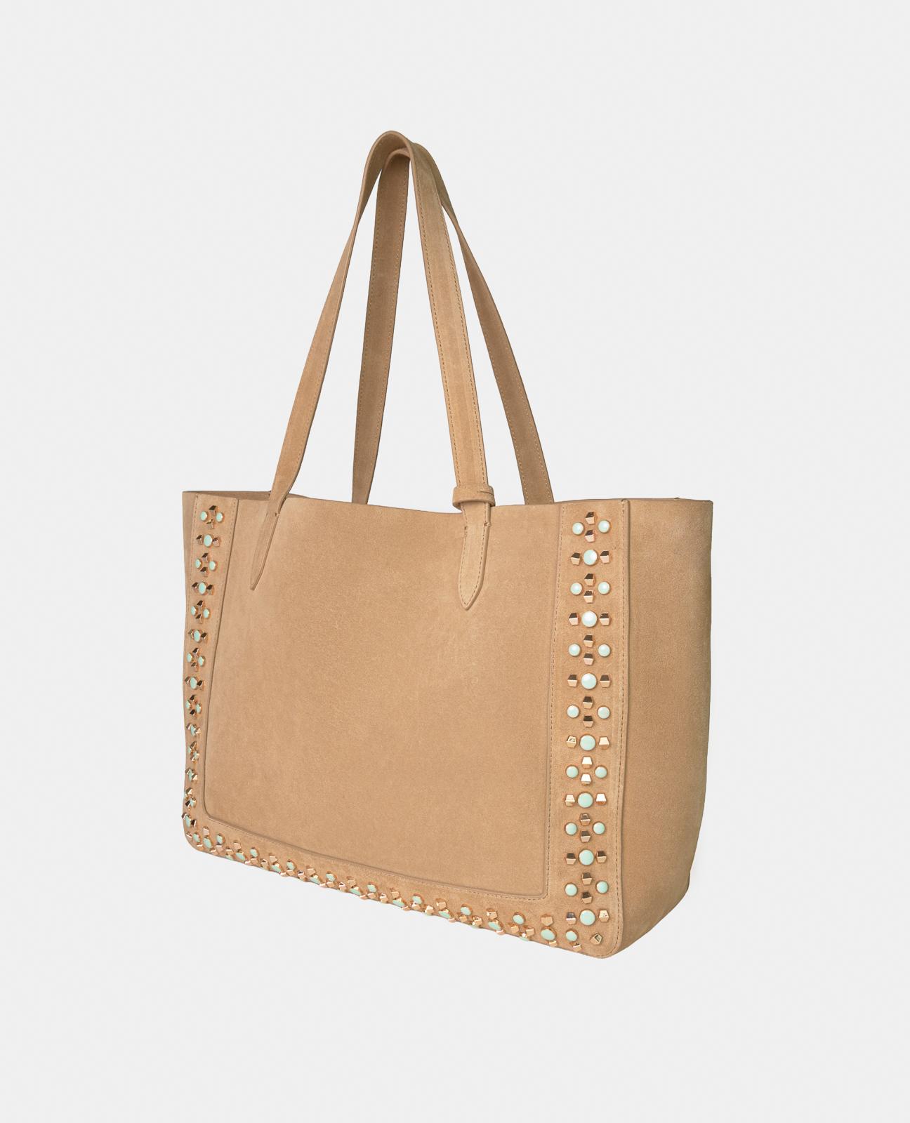 Bolso shopper de piel con tachuelas metálicas y cierre de imán oculto - Alma en Pena - Camel Camel-4