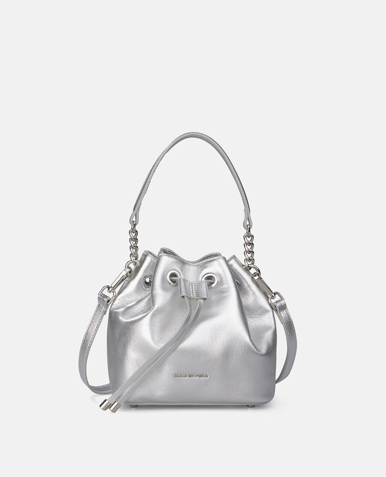 Bolso de mano estilo bombonera de piel con correa bandolera de cadena - Alma en Pena - Plata Plata-1