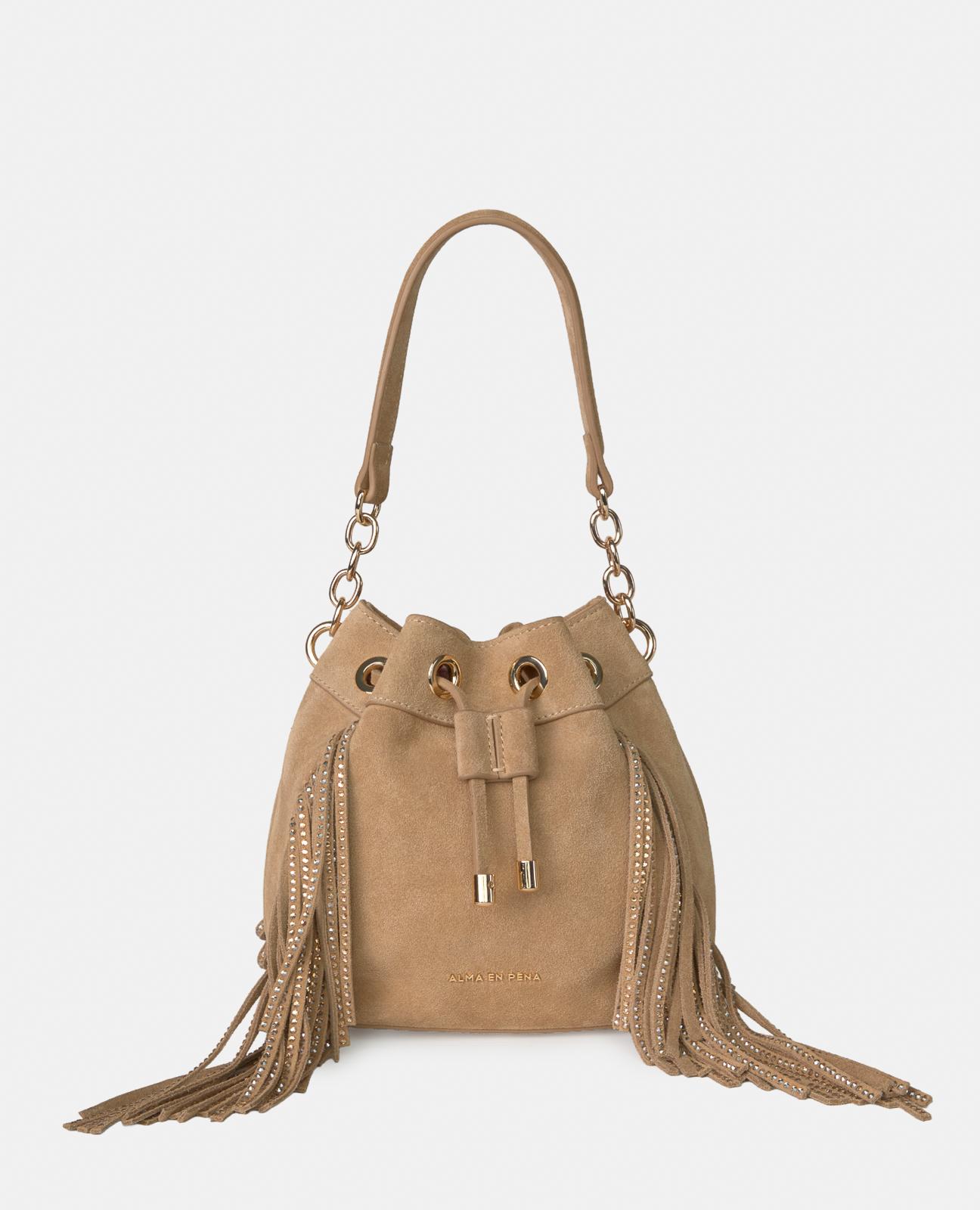 Bolso de mano estilo bombonera de piel con flecos y correa bandolera ajustable - Alma en Pena - Camel Camel-1