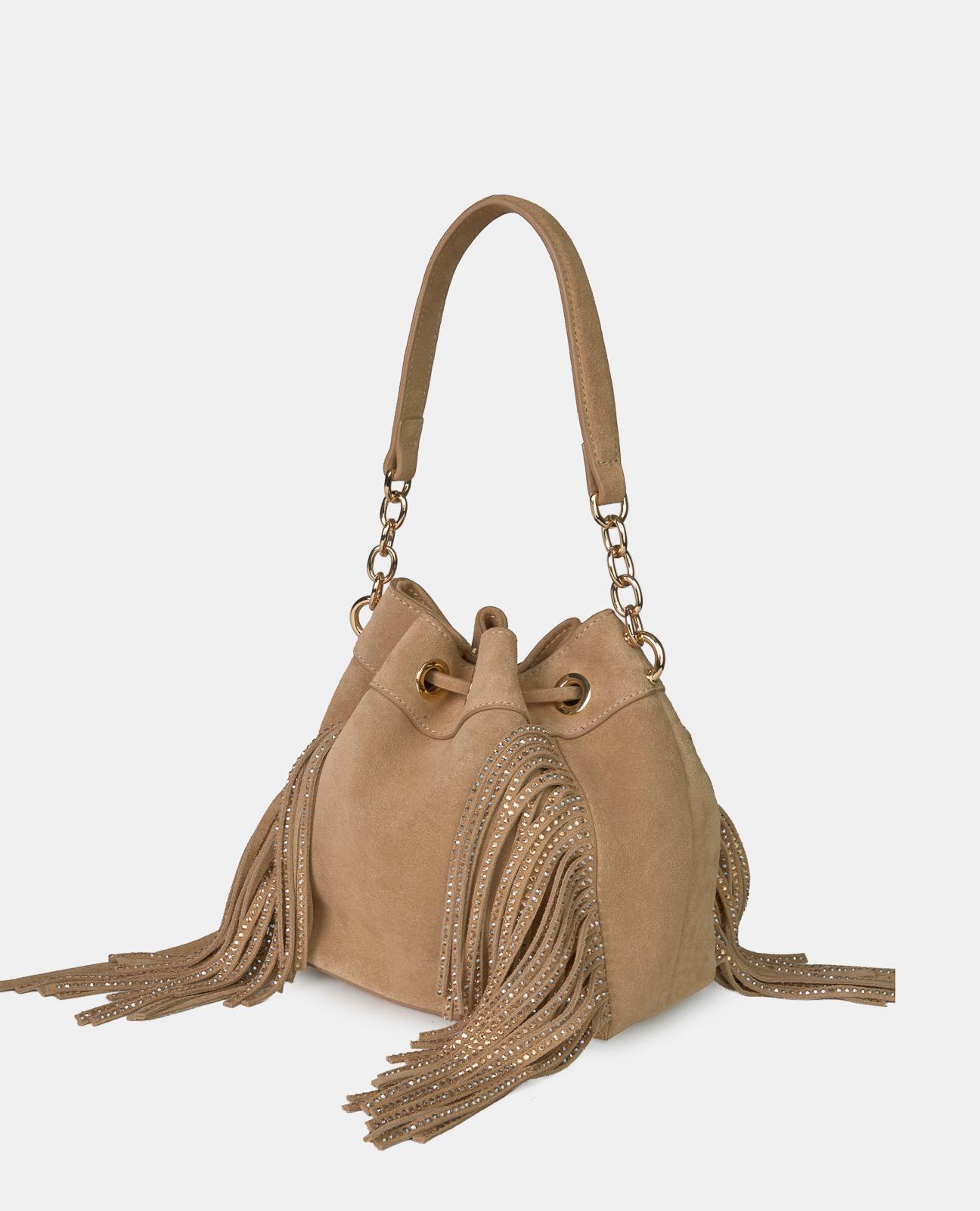 Bolso de mano estilo bombonera de piel con flecos y correa bandolera ajustable - Alma en Pena - Camel Camel-4