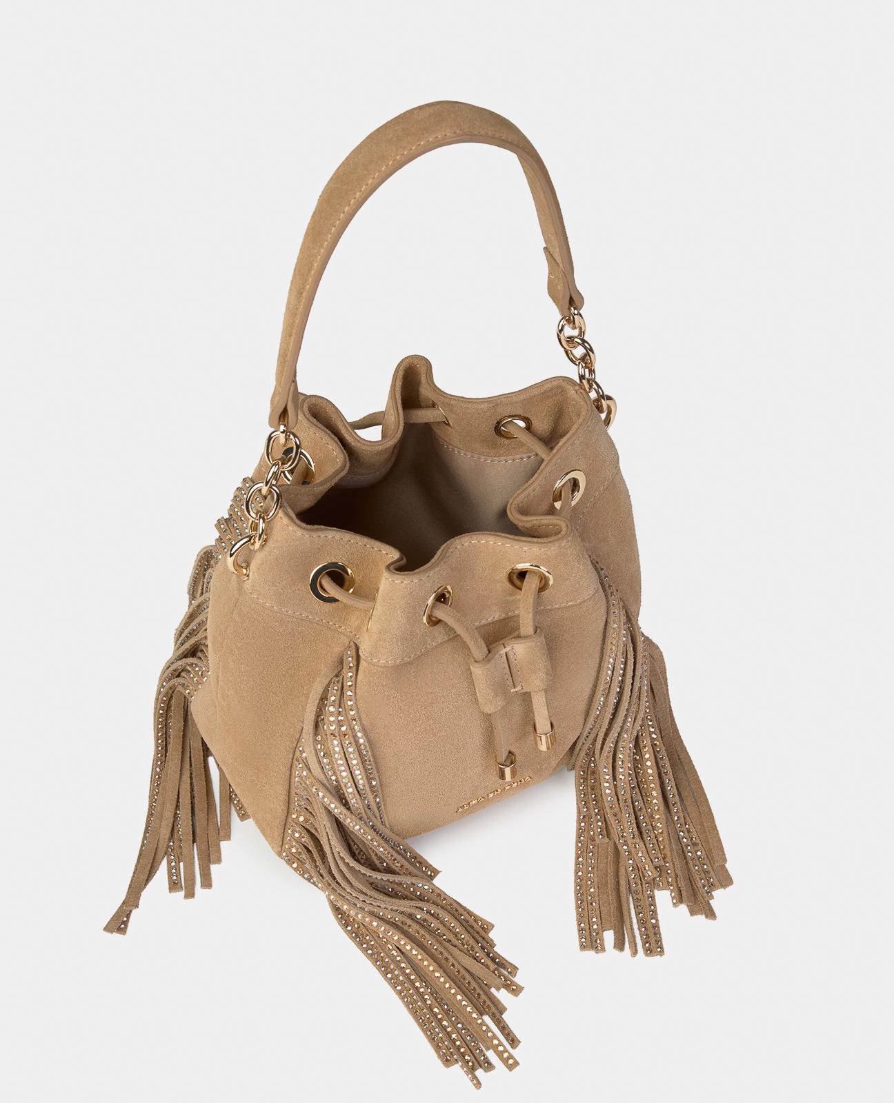 Bolso de mano estilo bombonera de piel con flecos y correa bandolera ajustable - Alma en Pena - Camel Camel-3