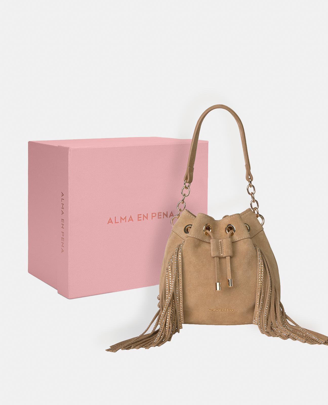 Bolso de mano estilo bombonera de piel con flecos y correa bandolera ajustable - Alma en Pena - Camel Camel-5