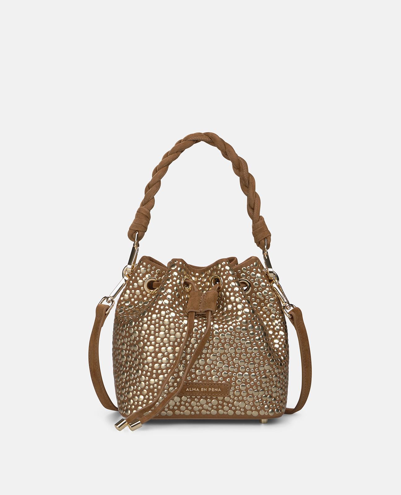 Bolso de mano estilo bombonera de piel con tachuelas y correa bandolera ajustable - Alma en Pena - Caramelo Caramelo-1
