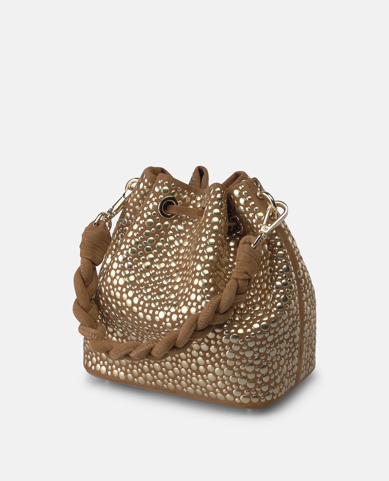 Bolso de mano estilo bombonera de piel con tachuelas y correa bandolera ajustable - Alma en Pena - Caramelo Caramelo-5