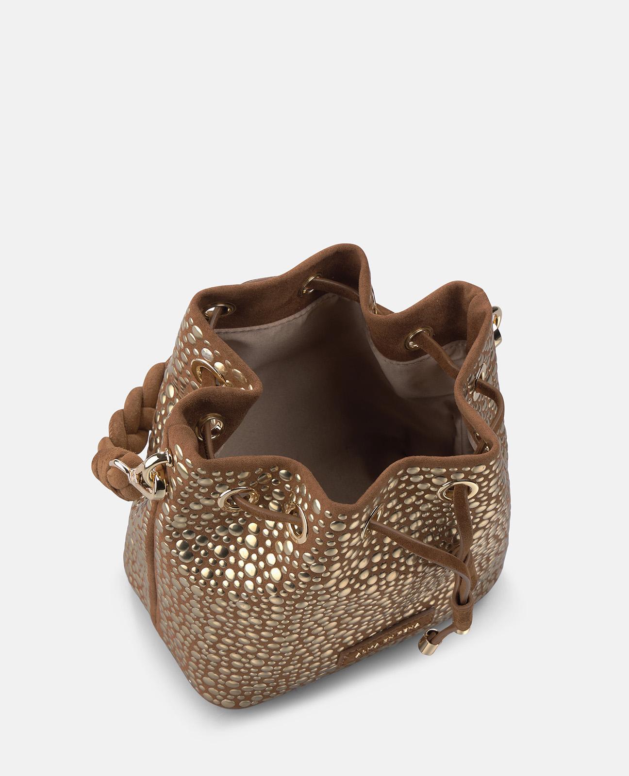 Bolso de mano estilo bombonera de piel con tachuelas y correa bandolera ajustable - Alma en Pena - Caramelo Caramelo-4