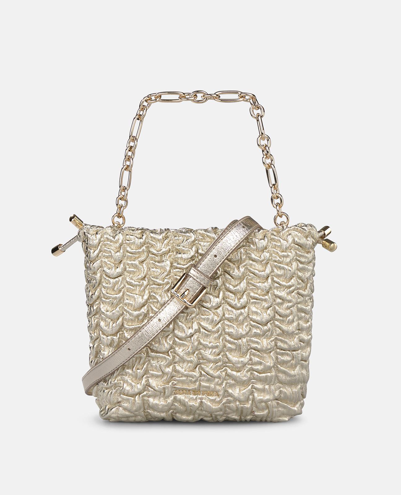 Bolso de mano estilo saco de piel en relieve y correa bandolera ajustable - Alma en Pena - Dorado Dorado-1