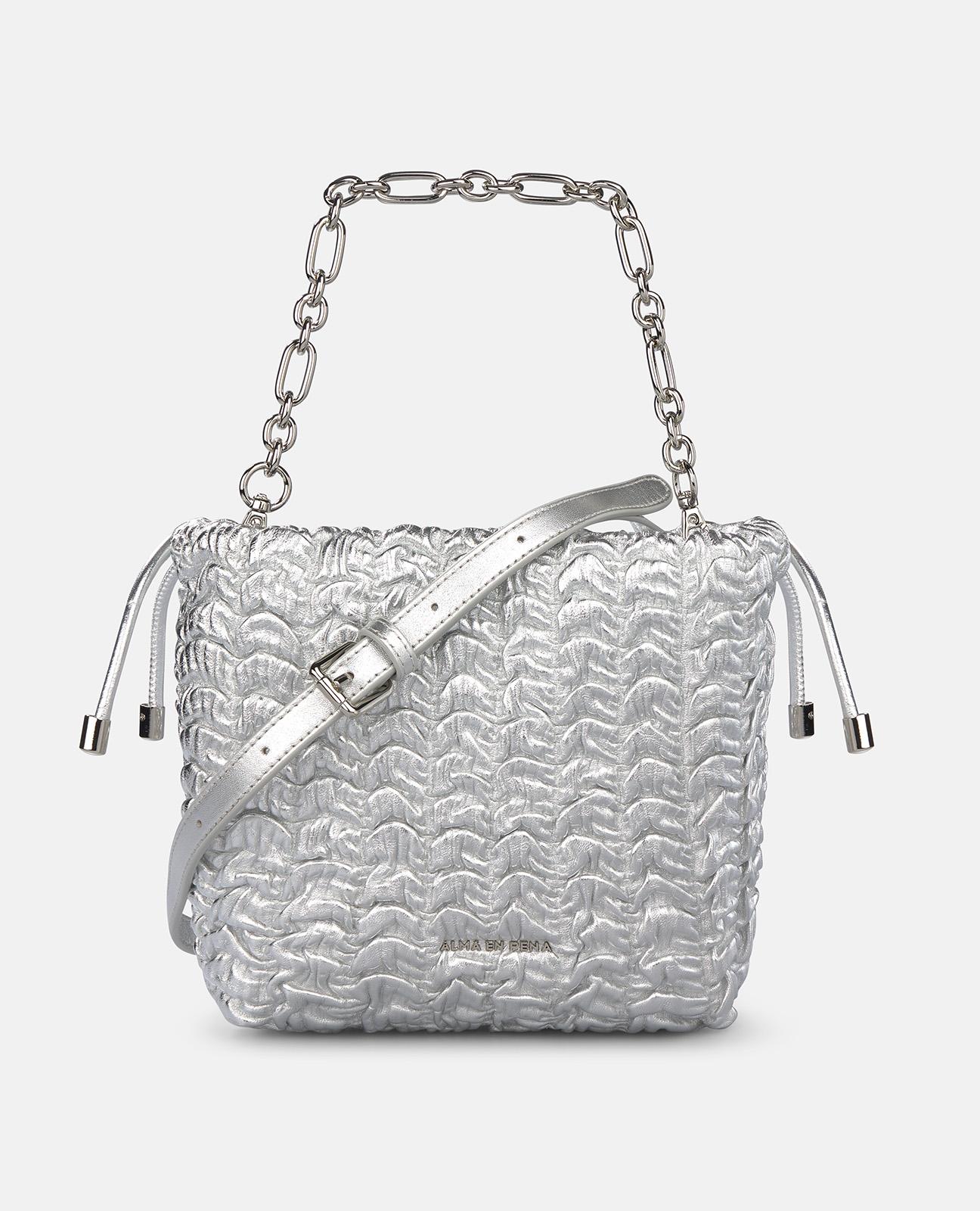 Bolso de mano estilo saco de piel en relieve y correa bandolera ajustable - Alma en Pena - Plata Plata-1