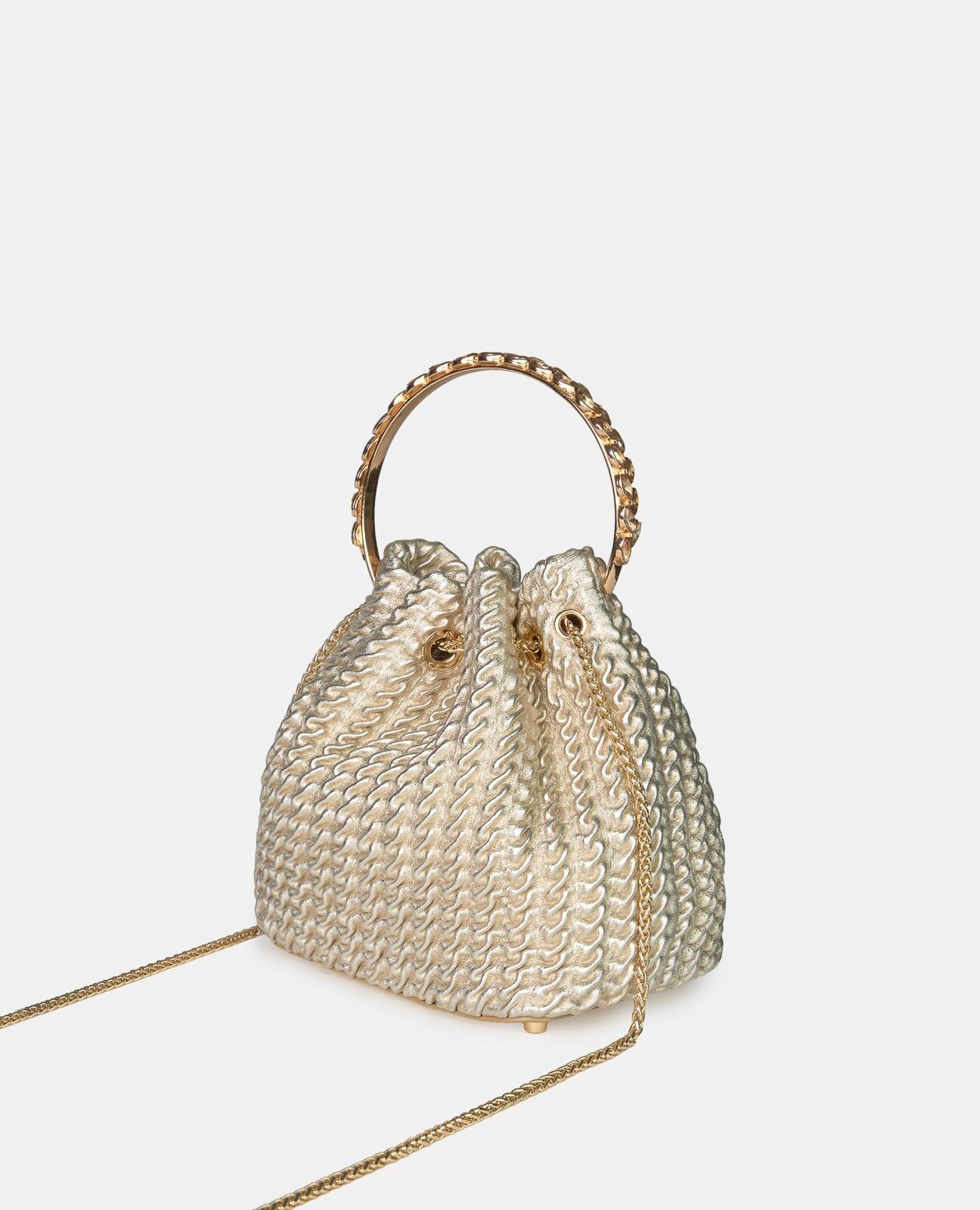 Bolso de mano estilo bombonera de piel en relieve y correa bandolera de cadena - Alma en Pena - Oro Oro-3