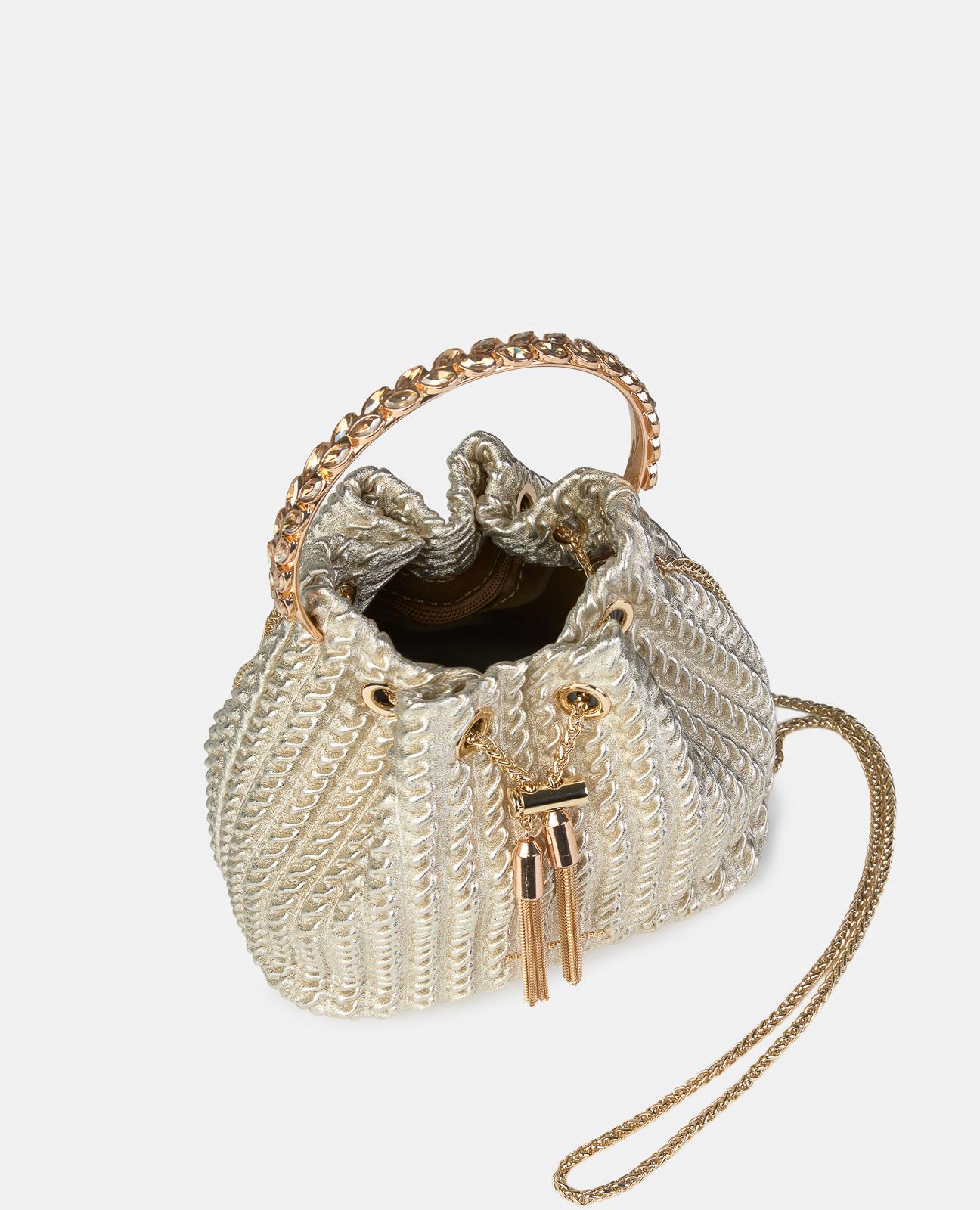 Bolso de mano estilo bombonera de piel en relieve y correa bandolera de cadena - Alma en Pena - Oro Oro-2