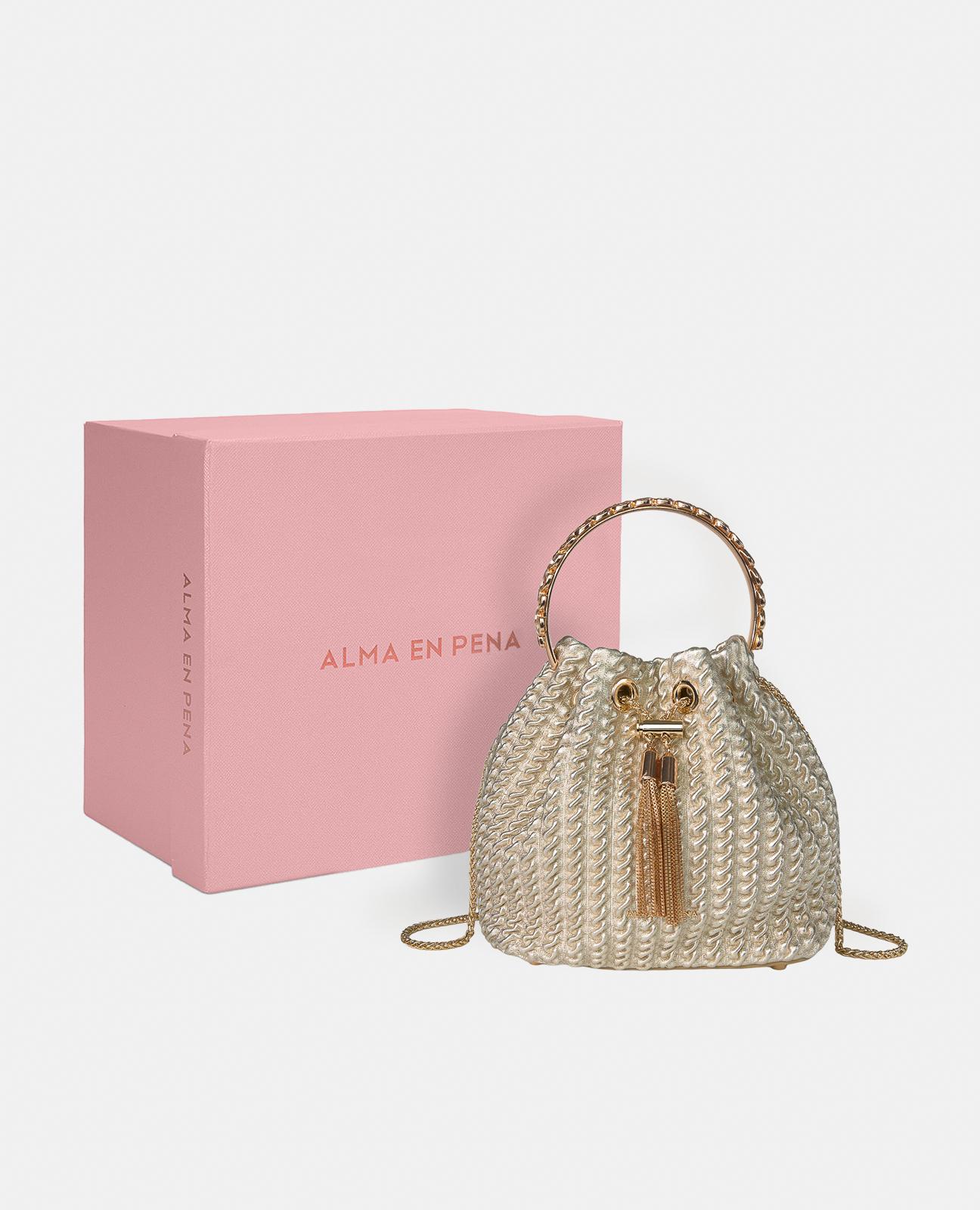 Bolso de mano estilo bombonera de piel en relieve y correa bandolera de cadena - Alma en Pena - Oro Oro-4