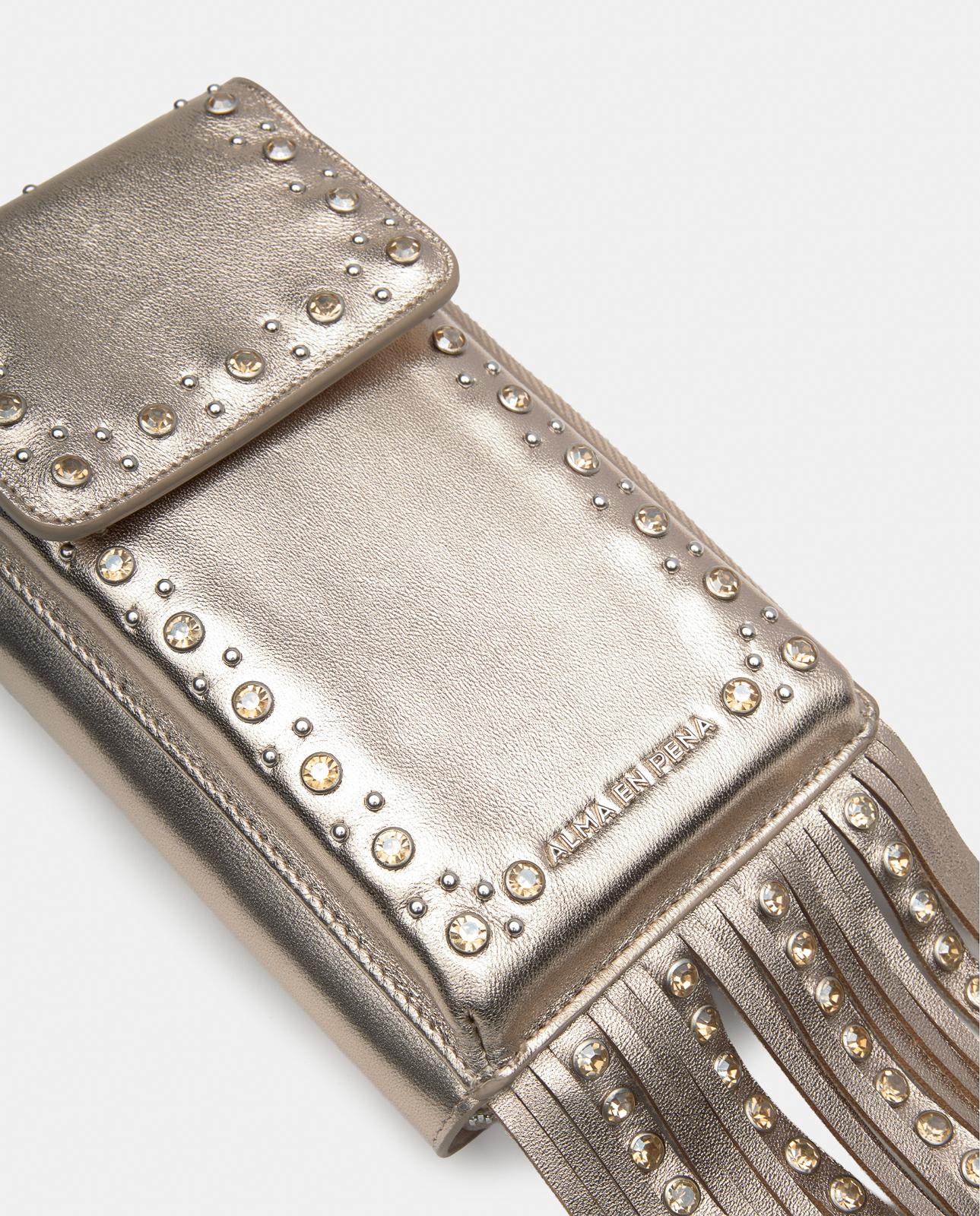 Bolso pequeño de mujer de piel con tachuelas y flecos - Alma en Pena - Oro Oro-4
