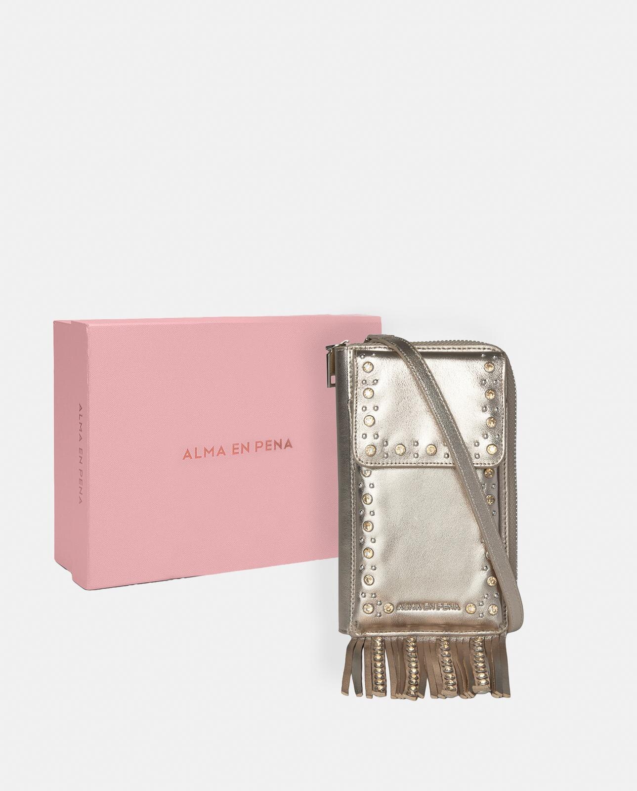 Bolso pequeño de mujer de piel con tachuelas y flecos - Alma en Pena - Oro Oro-5