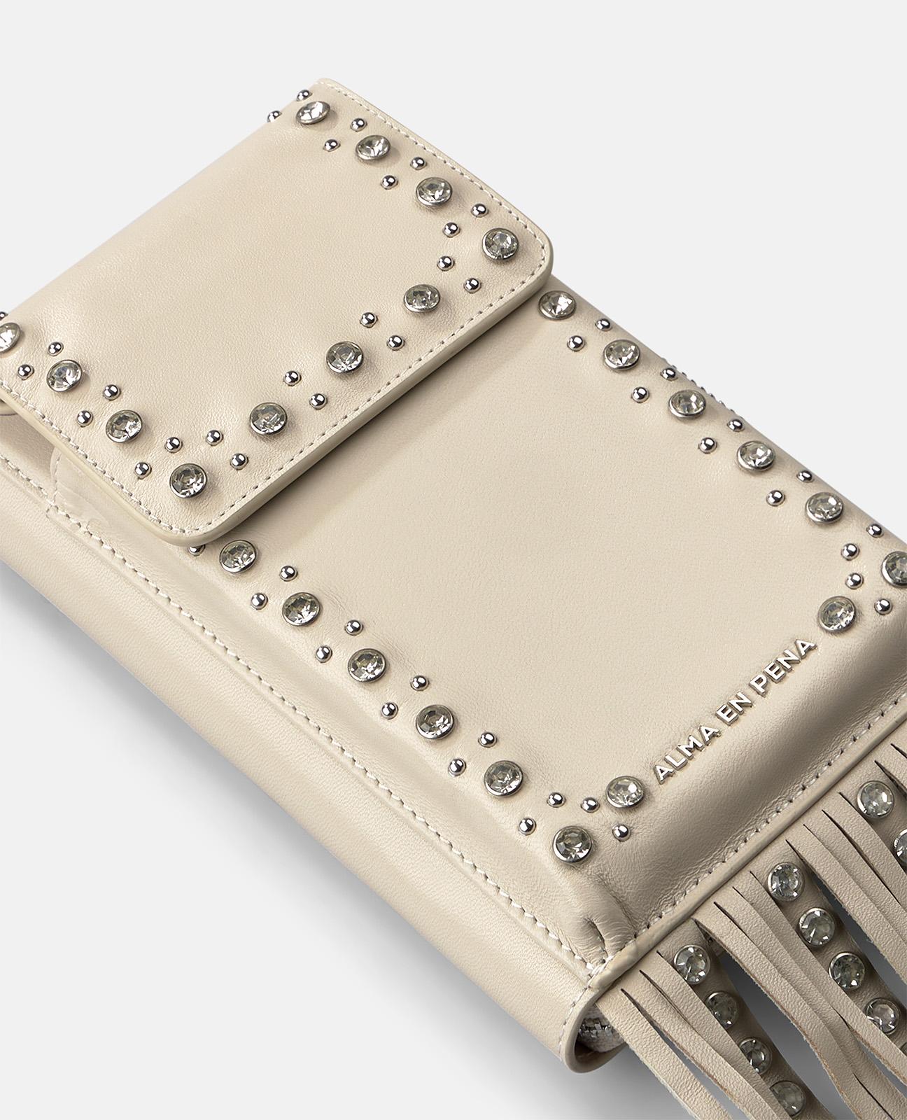Bolso pequeño de mujer de piel con tachuelas y flecos - Alma en Pena - Blanco Blanco-4