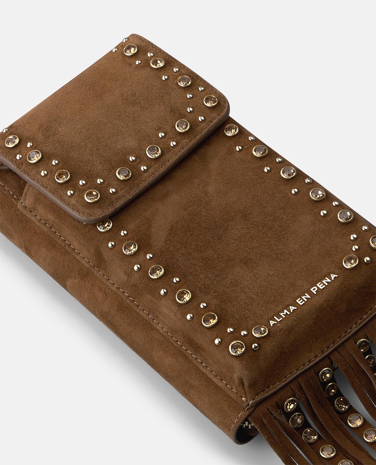 Bolso pequeño de mujer de piel con tachuelas y flecos - Alma en Pena - Marrón Marrón-6