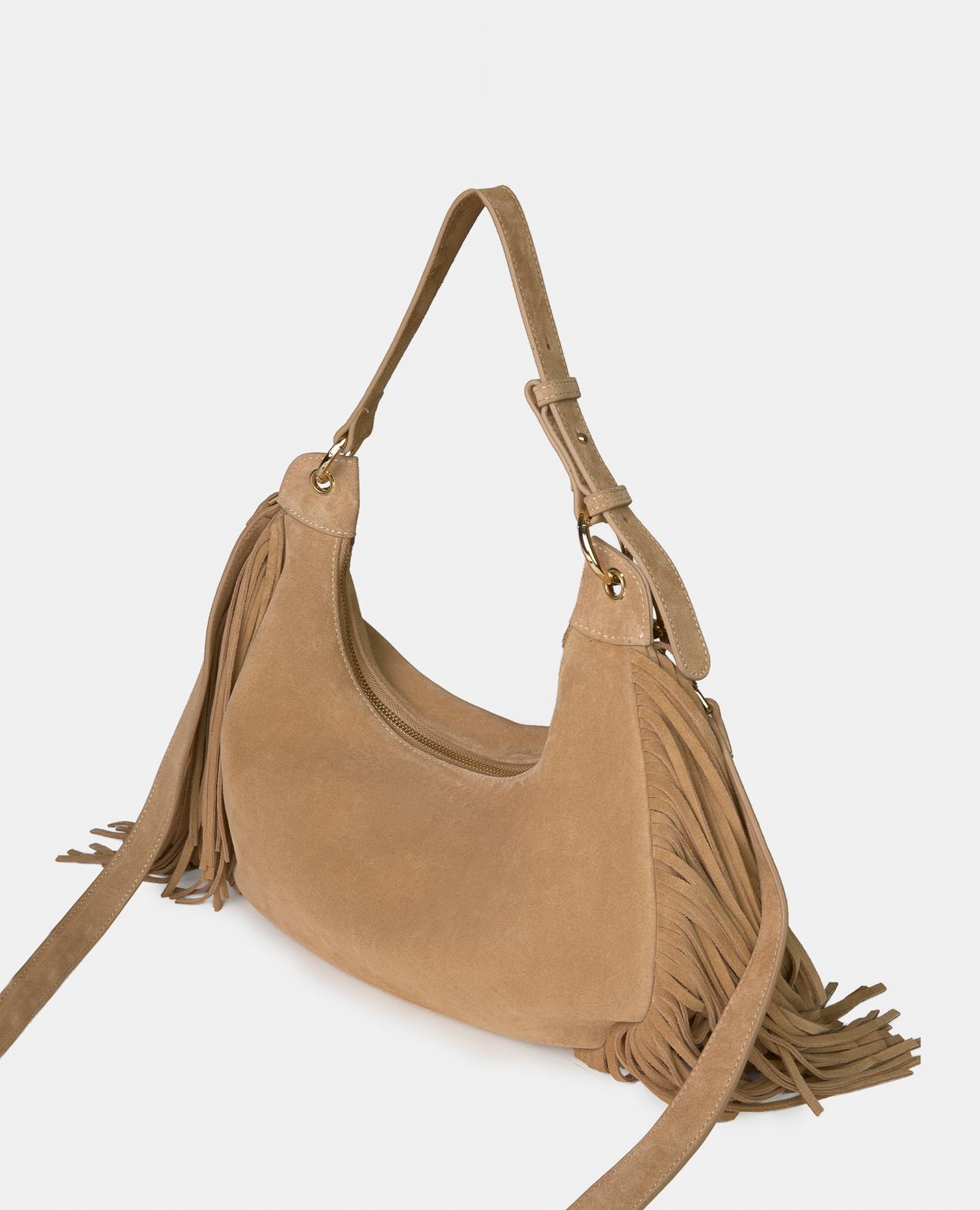 Bolso de mano estilo media luna de piel con flecos y correa bandolera ajustable - Alma en Pena - Topo Topo-4