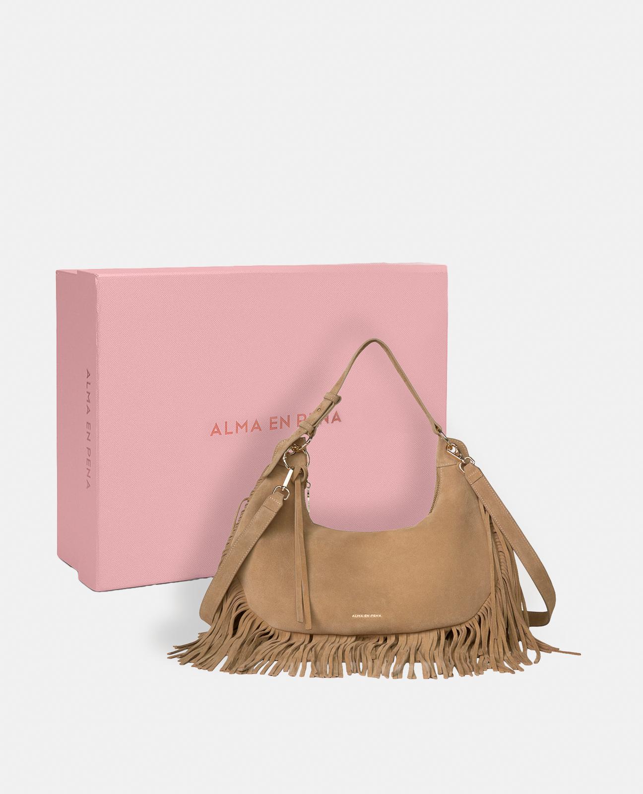 Bolso de mano estilo media luna de piel con flecos y correa bandolera ajustable - Alma en Pena - Topo Topo-5