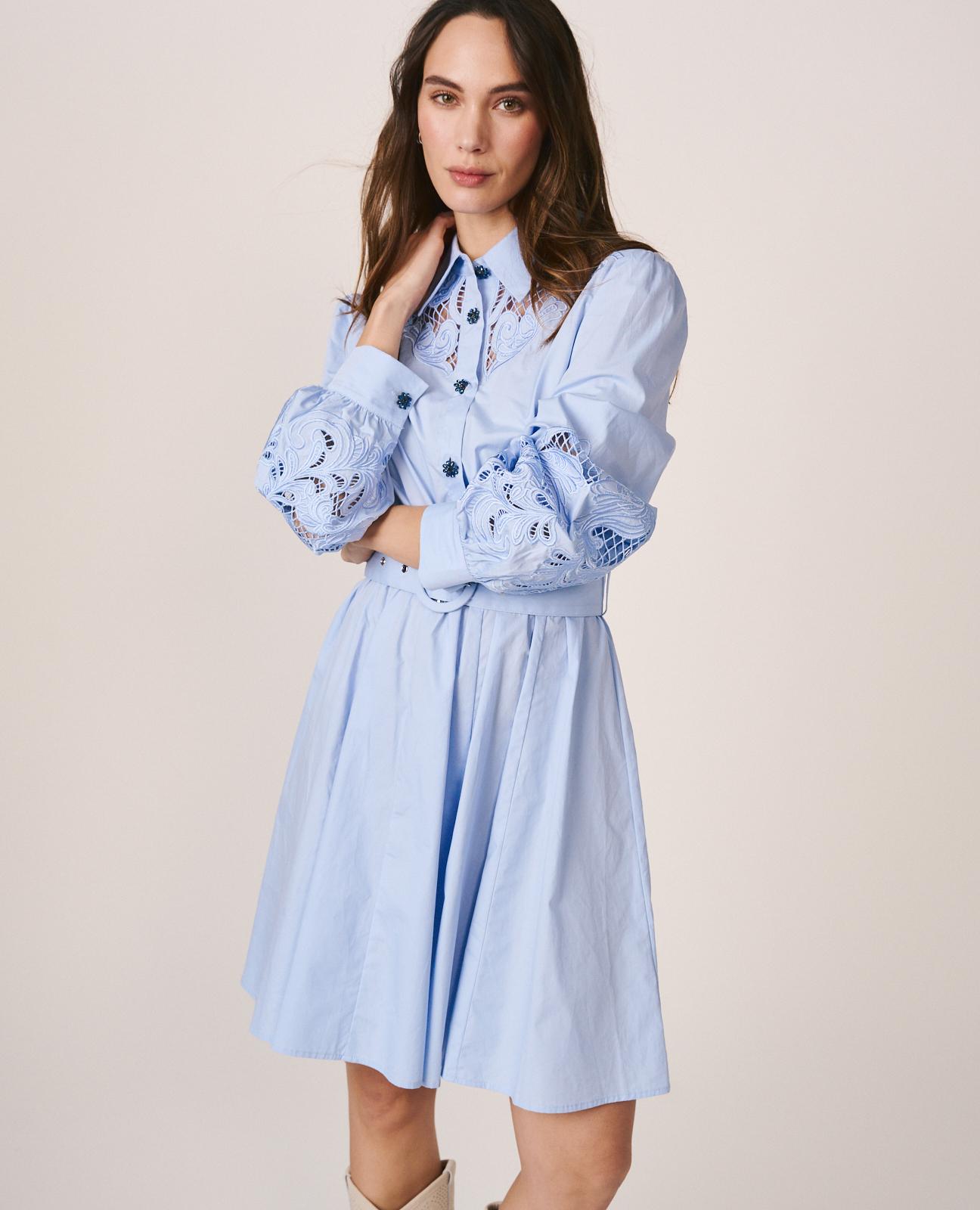 Alma en Pena - Vestido corto popelin de algodón con bordado posicionado y manga abullonada.