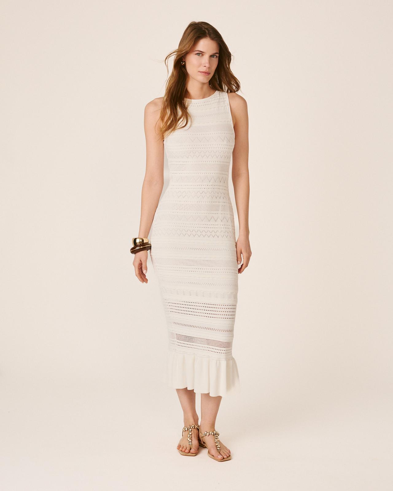 Vestido largo de punto liso escote pico y corte de sirena - Alma en Pena - Blanco Blanco-1