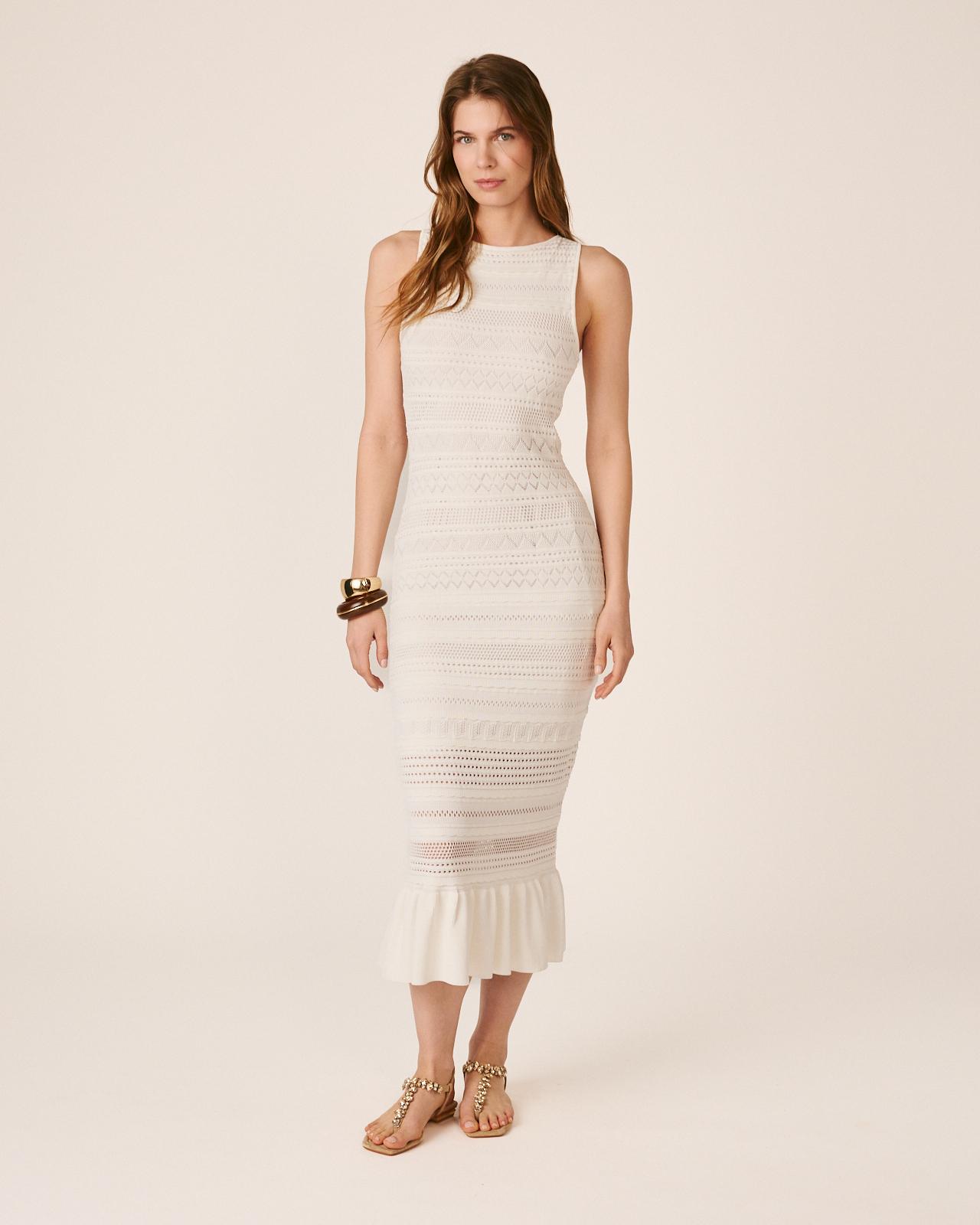 Vestido largo de punto liso escote pico y corte de sirena - Alma en Pena - Blanco Blanco-3