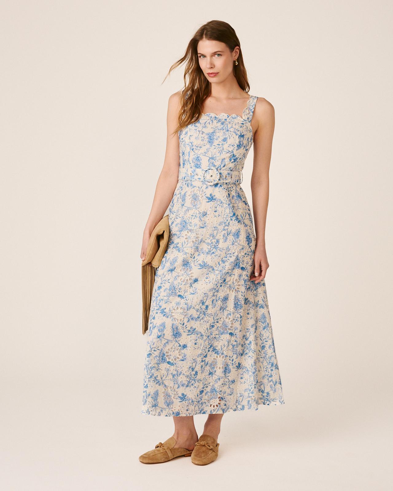Alma en Pena - Vestido largo con estampado floral y cinturón y bordado inglés.