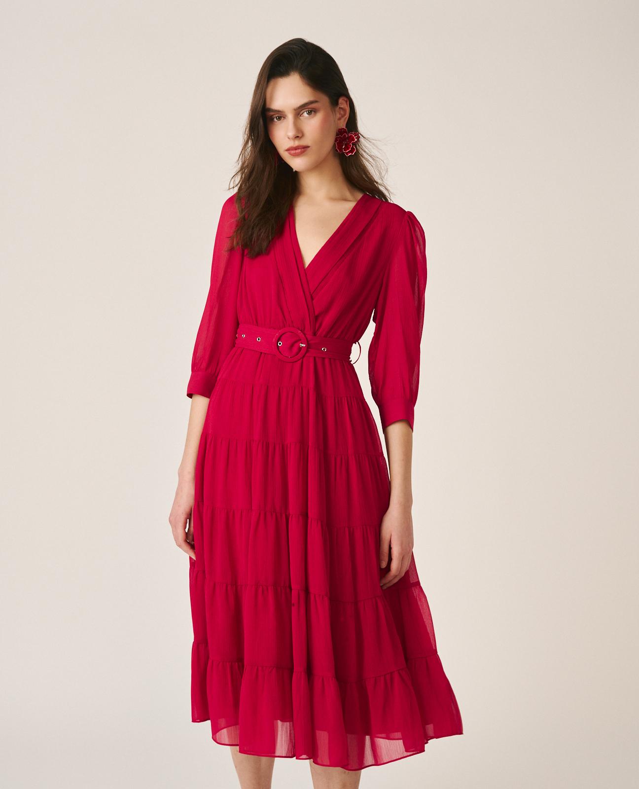 Alma en Pena - Vestido largo fluido de manga tres cuartos ablusada escote cruzado y cinturón.