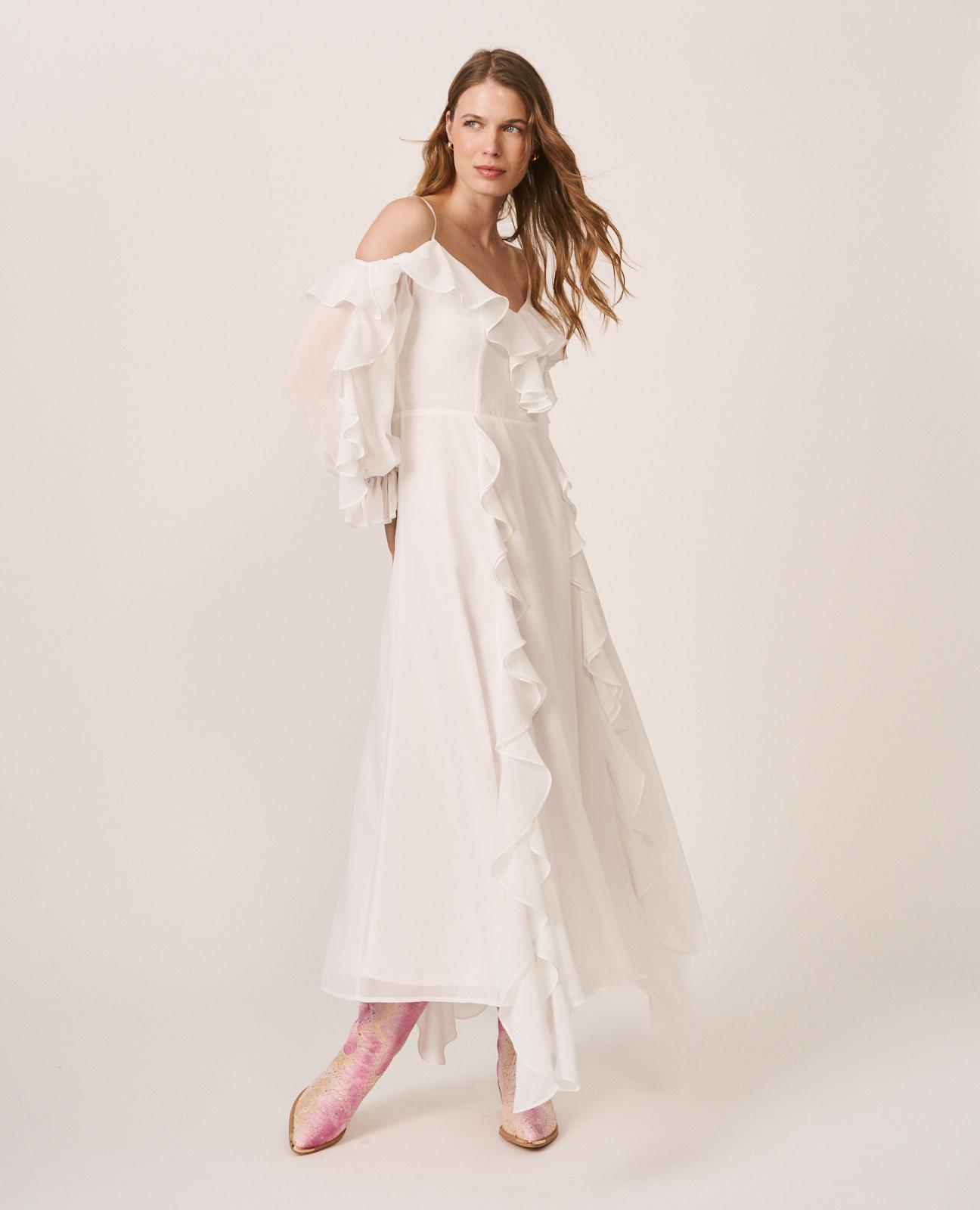 Vestido midi de manga larga y hombros descubiertos con escote en pico - Alma en Pena - Blanco Blanco-1