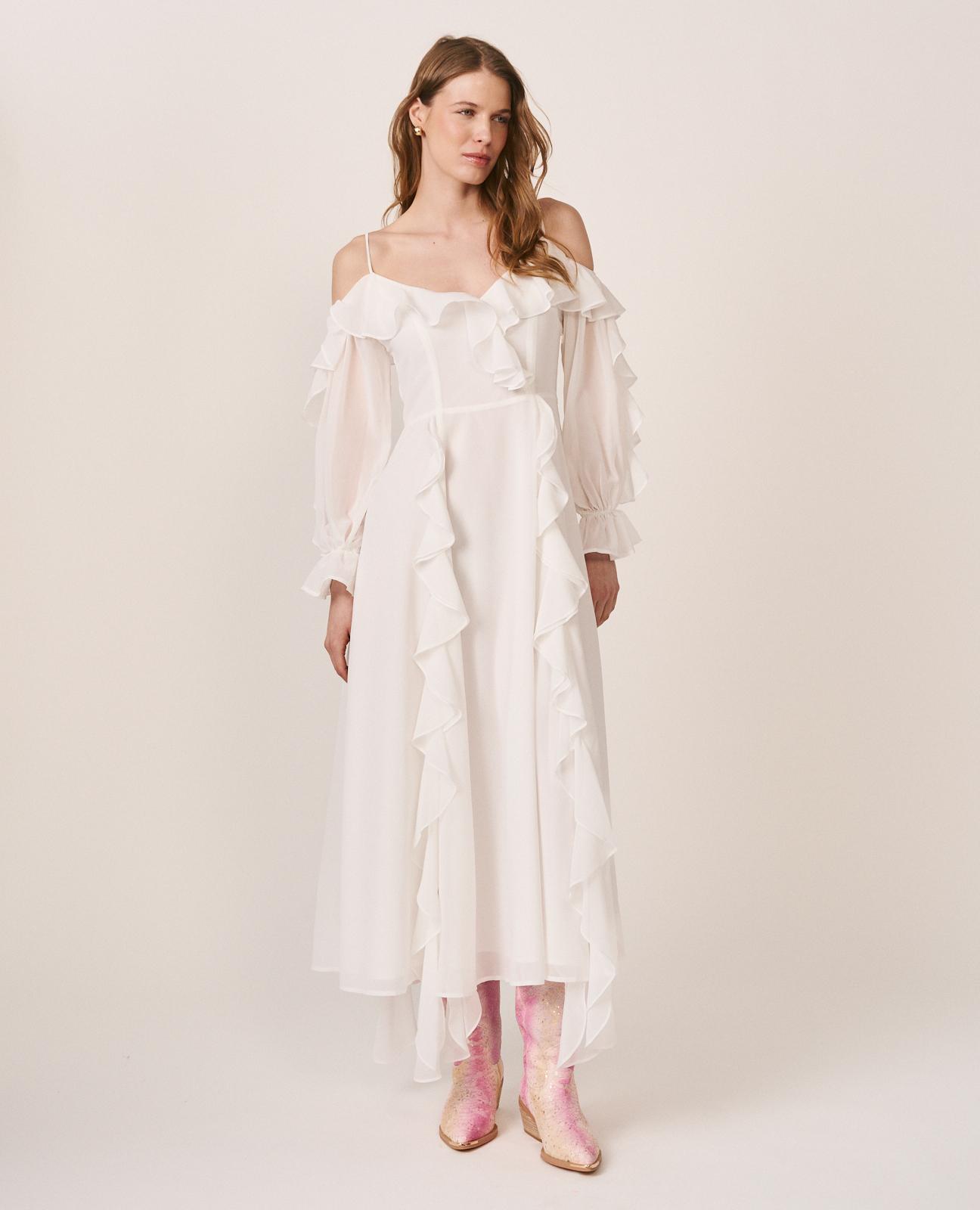Vestido midi de manga larga y hombros descubiertos con escote en pico - Alma en Pena - Blanco Blanco-5