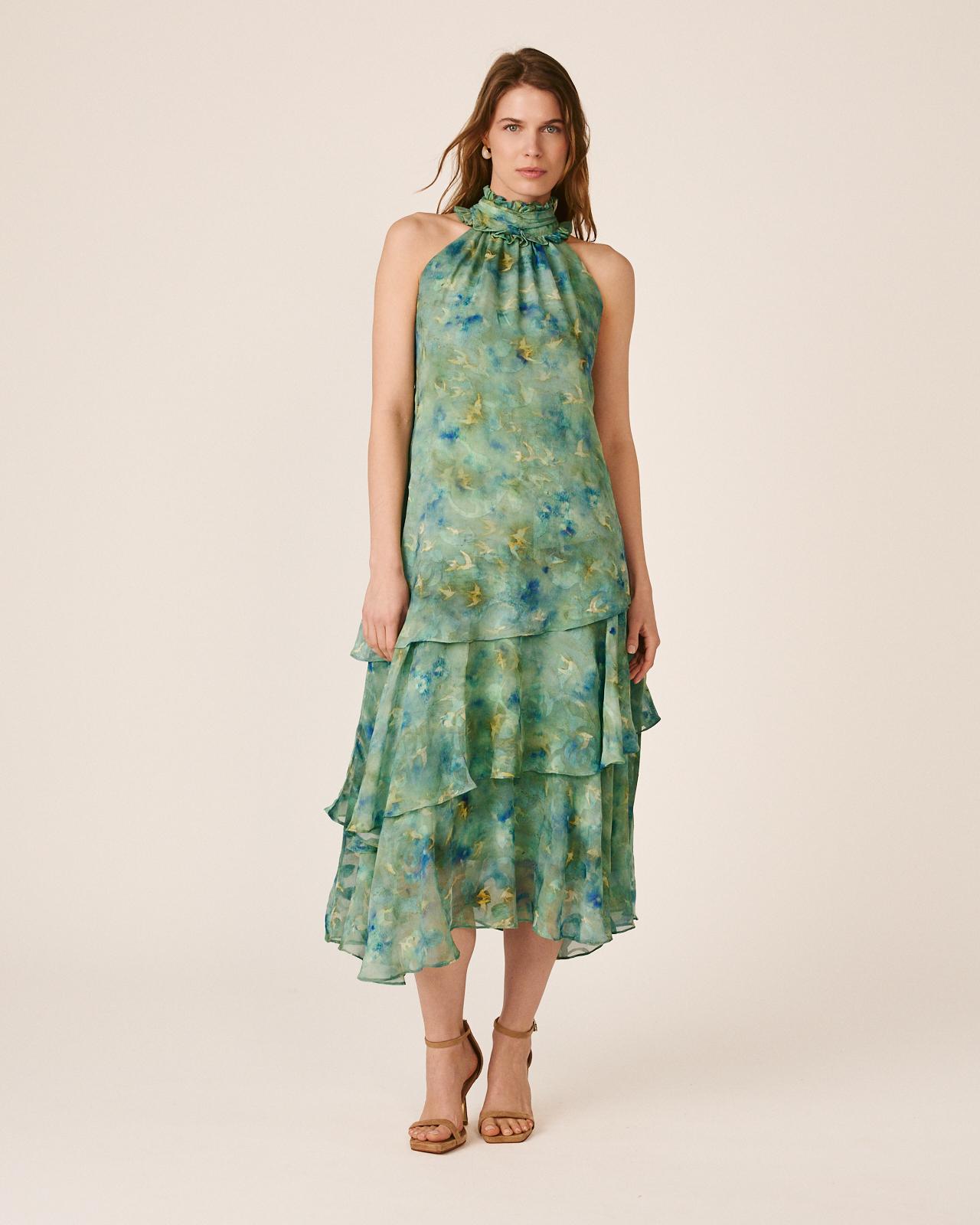 Alma en Pena - Vestido midi fluido con volantes y cuello halter plisado con volantes.
