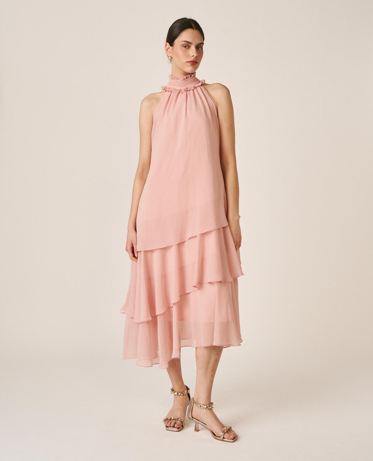 Vestido midi fluido con volantes y cuello halter plisado - Alma en Pena - Rosa Rosa-4