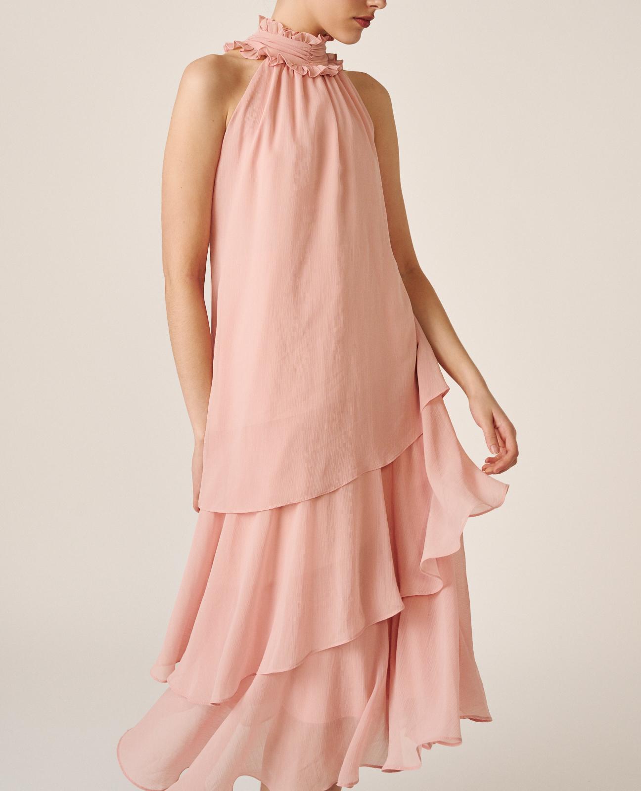 Vestido midi fluido con volantes y cuello halter plisado - Alma en Pena - Rosa Rosa-5
