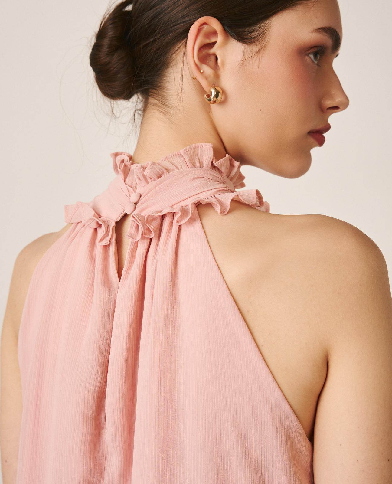 Vestido midi fluido con volantes y cuello halter plisado - Alma en Pena - Rosa Rosa-7